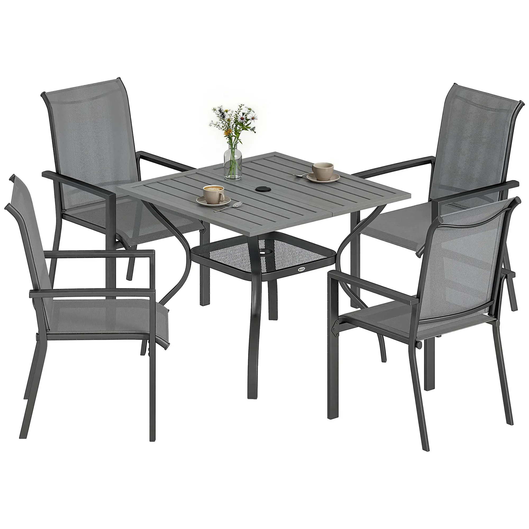 5-Piece Garden Dining Set — 35.4" Square Table with Umbrella Hole & 4 Stackable Texteline Chairs, Powder-Coated Steel, Gray Wood-Effect