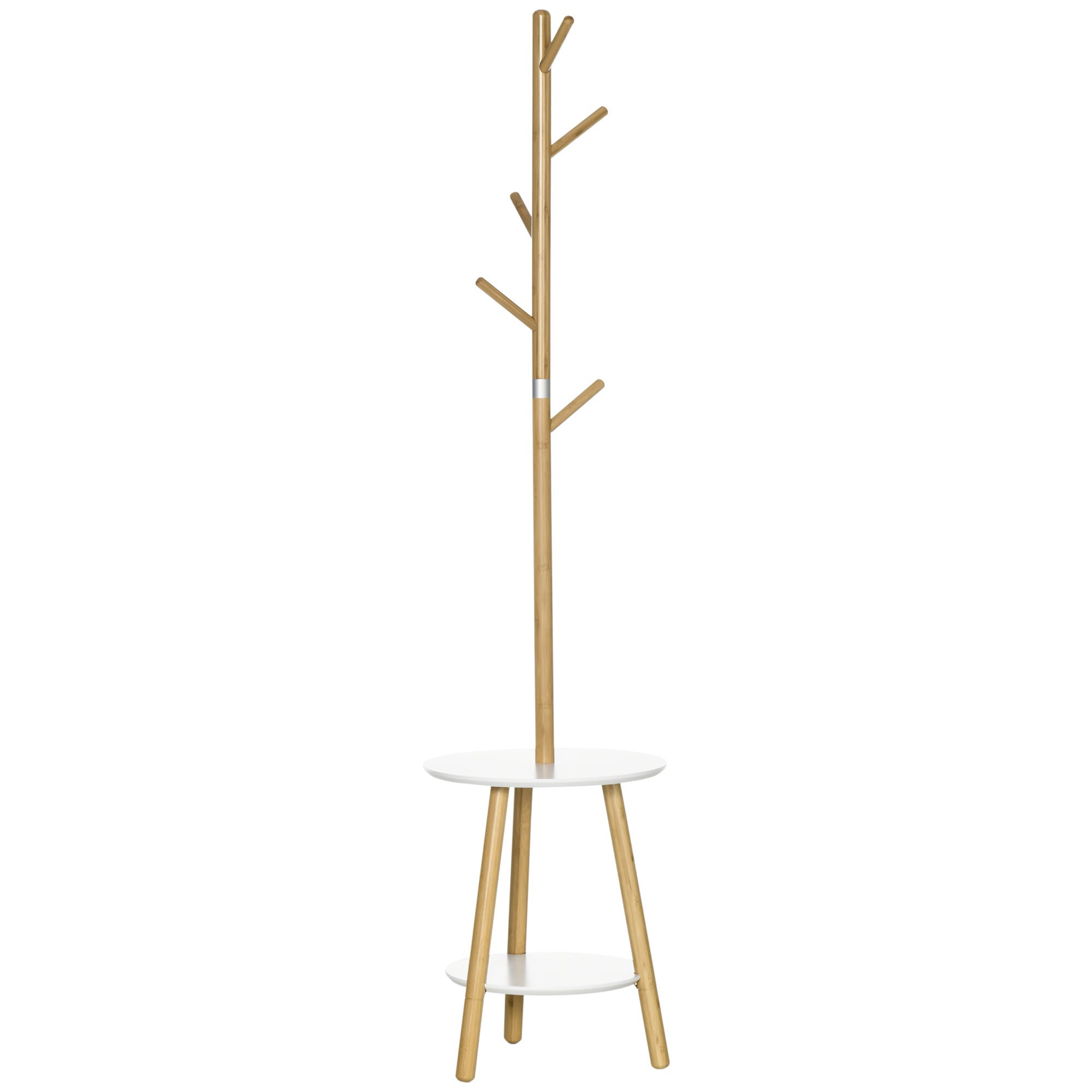 HOMCOM 2-in-1 Bambus Kleiderständer Baum mit 2 Ablagen und 5 Haken für Kleidung und Taschen, Aluminiumrahmen für Eingangsbereich und Schlafzimmer, 39,5x39,5x171 cm Natur