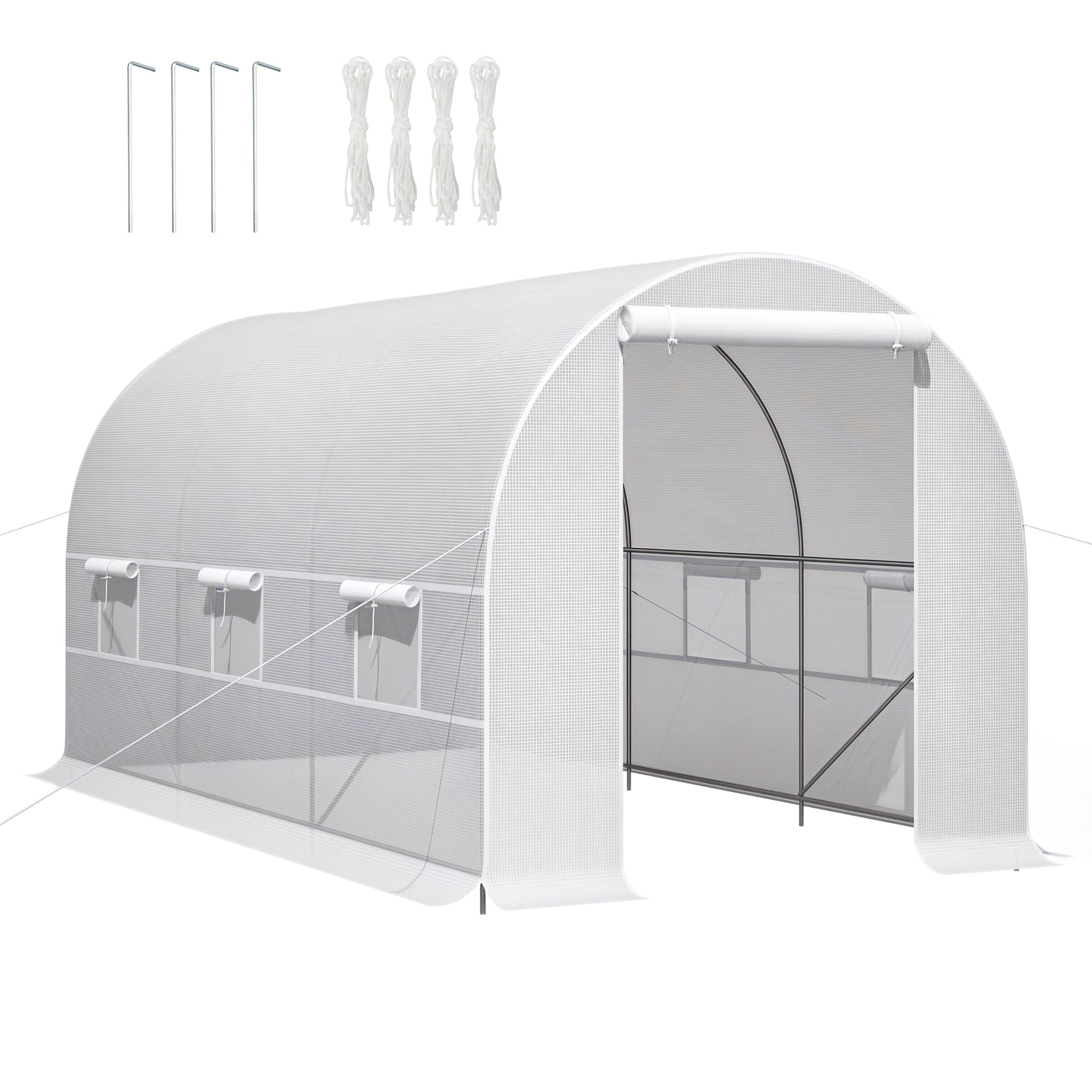 Serre Tunnel Outsunny 4x2x2 m avec 6 Fenêtres à Maille Roulables et Porte Zippée, Serre Anti-UV pour Terrasse et Jardin, Blanc