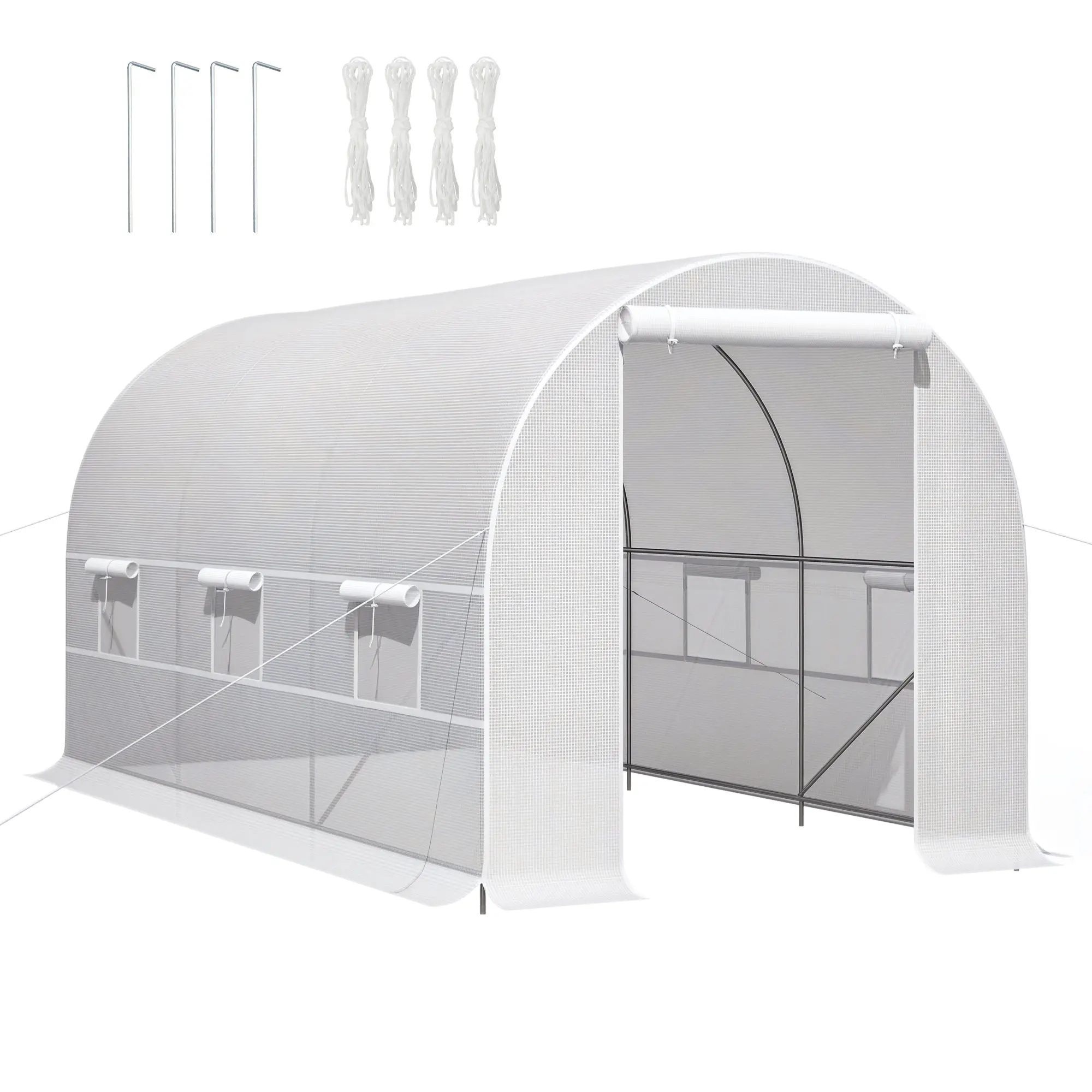 Outdoor Greenhouse Tunnel greenhouse 4x2x2 m with 6 Roll-up Mesh Windows and Zipper Door Anti-UV Veggie Greenhouse for Patio Garden White