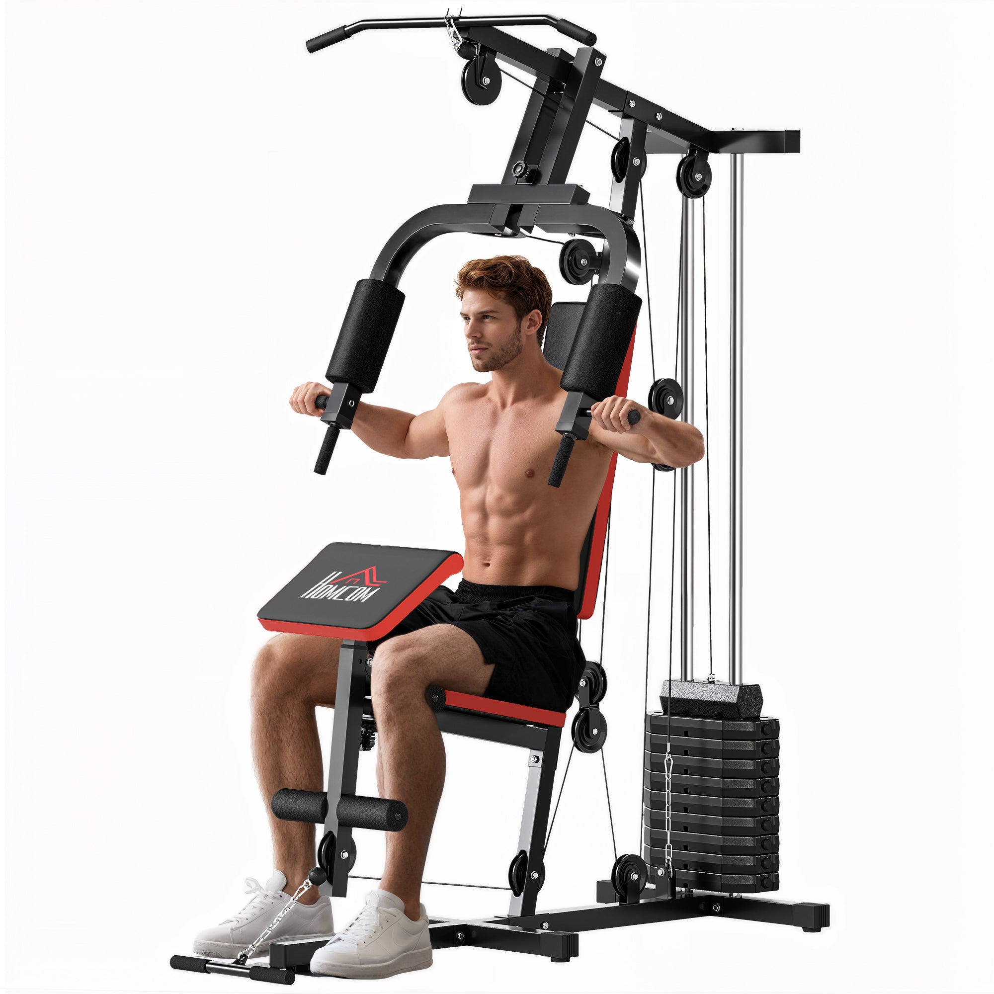Multifunctional Strength Training Station with Pulldown Bar, Chest Press, Leg Press, Preacher Curl Bench, 65 kg Weight Plates Strength Training Machine for Home Gym Fitness Workout