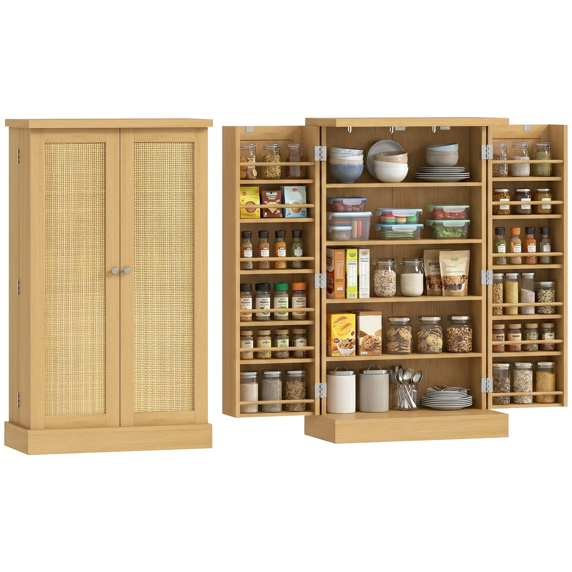 40.9" Kitchen Pantry Cabinet – Rattan Doors, 5-Tier Shelving, 12 Spice Slots & Adjustable Shelves, Natural