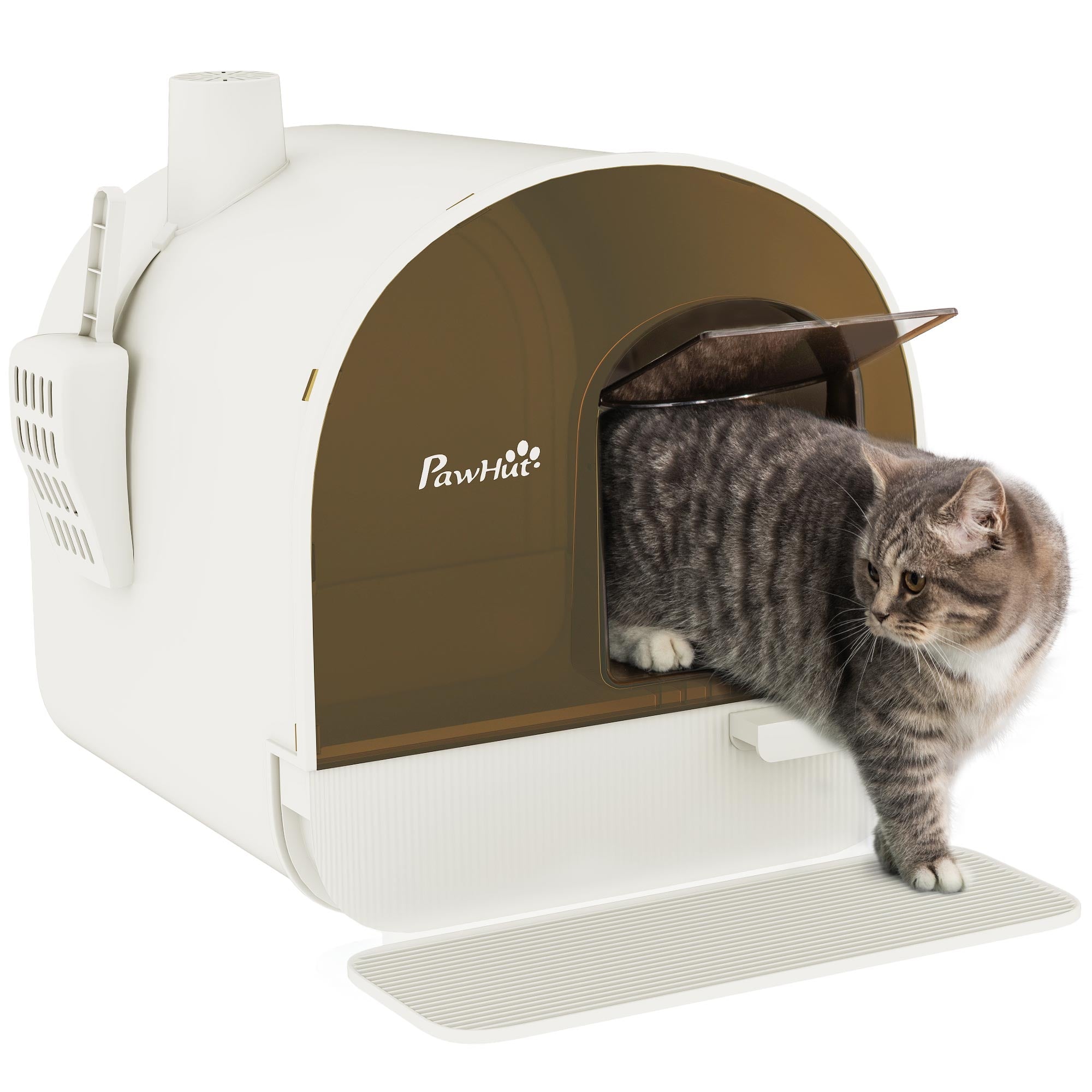 PawHut Enclosed Cat Litter Box with Lid Pull Out Tray Hooded Cat Litter Box with Scoop and Litter Mat Odor Control Covered Cat Toilet White Black 43 x 44 x 47 cm