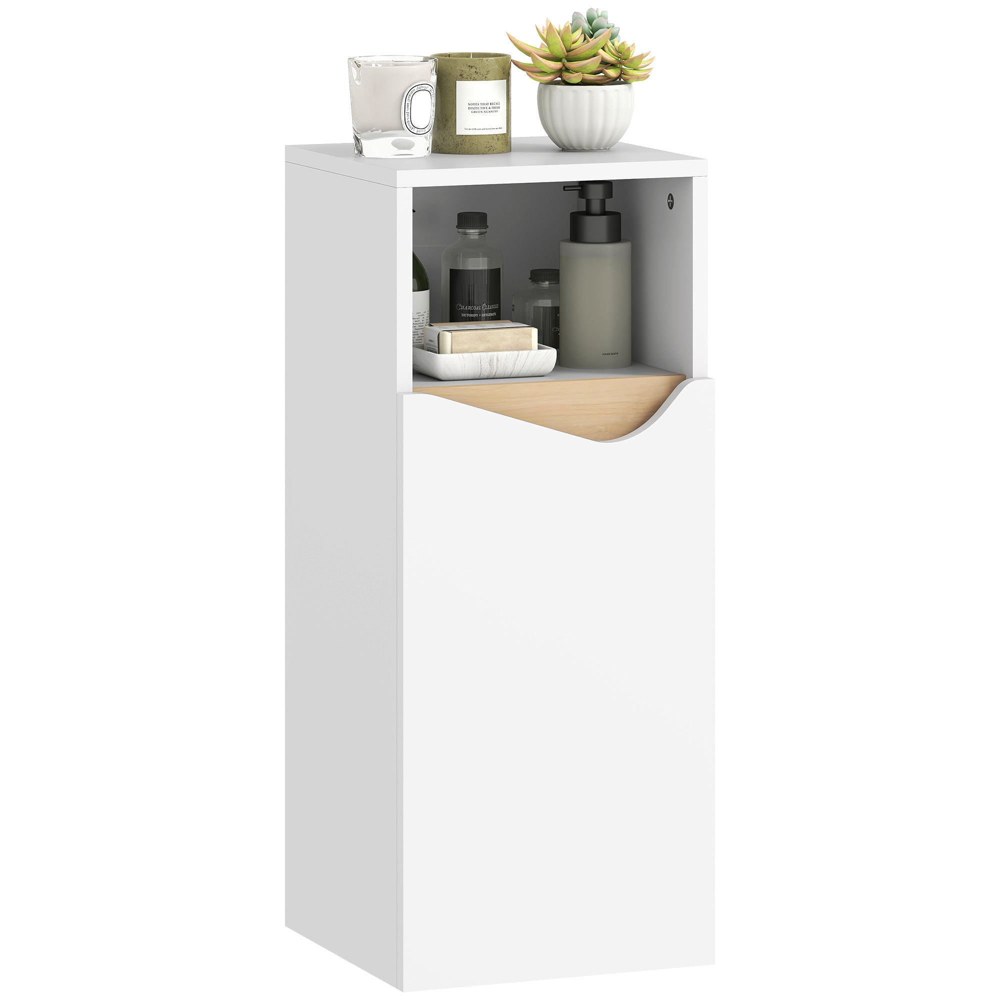 HOMCOM schmalt Buedzëmmer-Schräin mat verstellbaren Regaler, oppenem Fach a Soft‑Close‑Dier — 30 x 30 x 71,5 cm, Wäiss/Natierlech