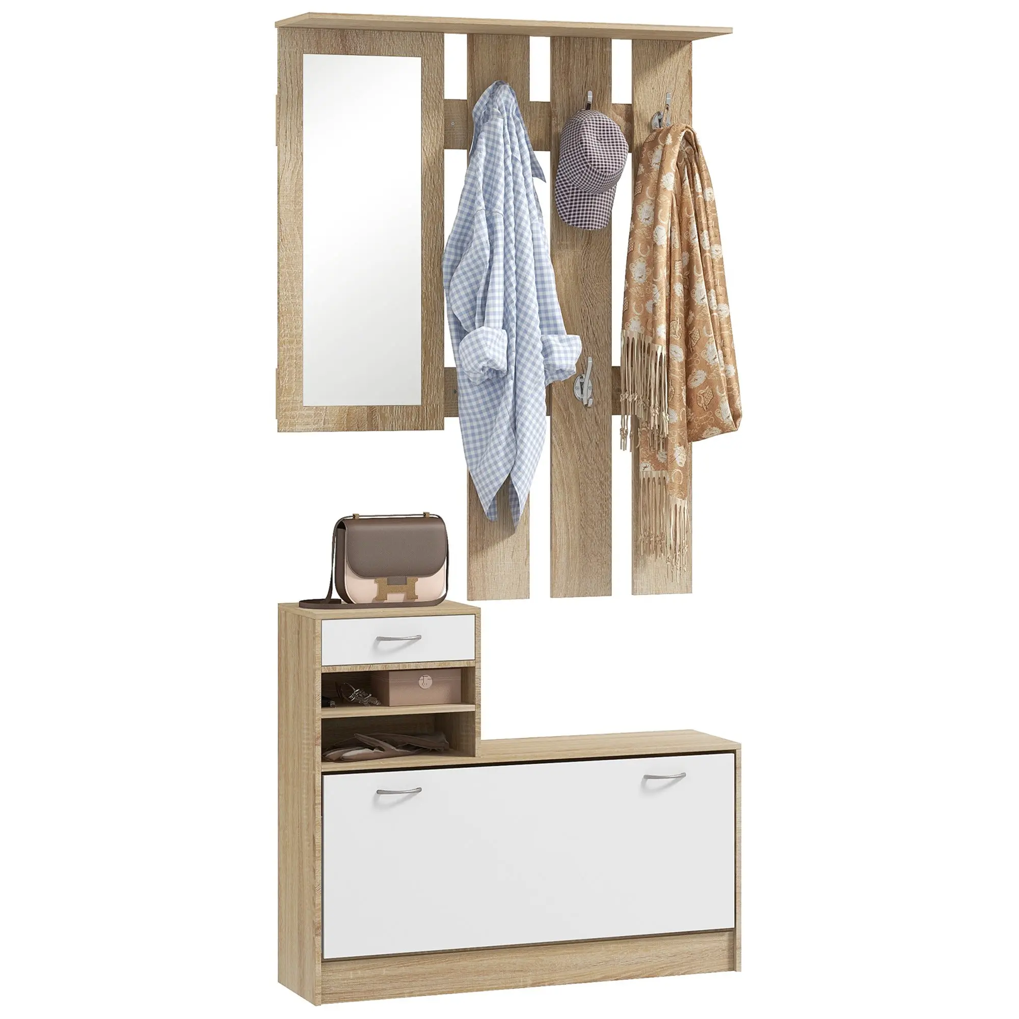 Entryway Organizer with Mirror Coat Rack and Shoe Cabinet 2-Piece Entryway Furniture with 6 Hooks Shelves and Flip-Up Drawer for Natural Hallway