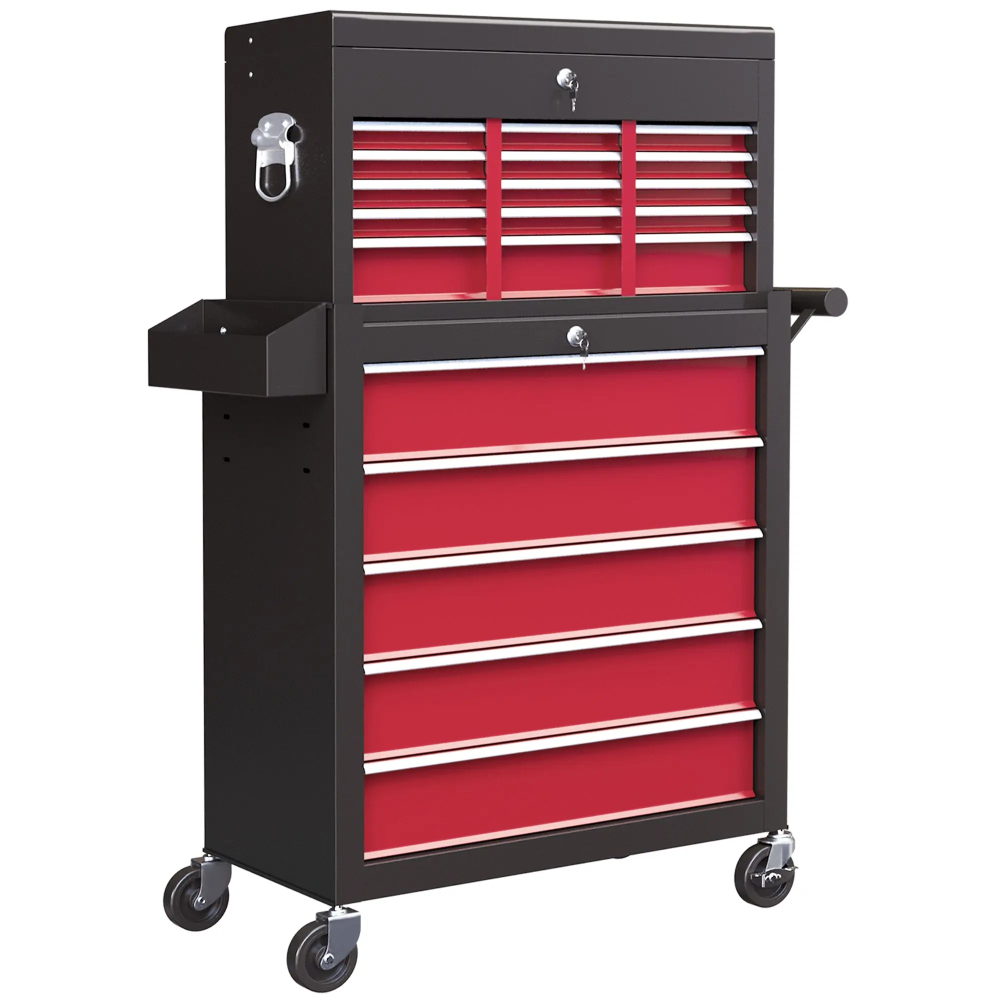 Workshop Trolley with Wheels, Tool Cart with 14 Drawers, Lockable Assembly Trolley with Side Perforated Panel, EVA Mats, Mobile Rolling Cart, Red