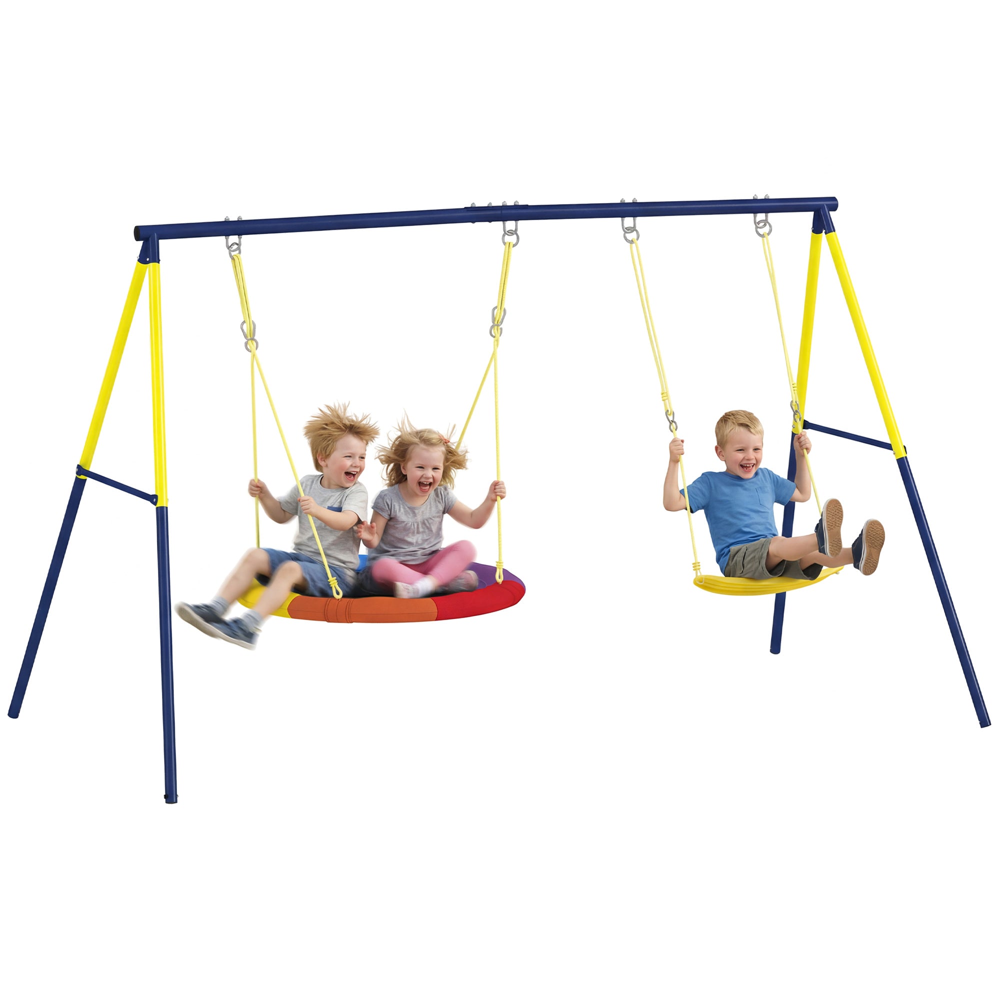 Kids Double Swing Set, Outdoor Garden Swing Frame with Nest Swing, Classic Belt Seat, Adjustable Ropes, Steel A-Frame & Ground Stakes, Ages 3-8, Multicolor