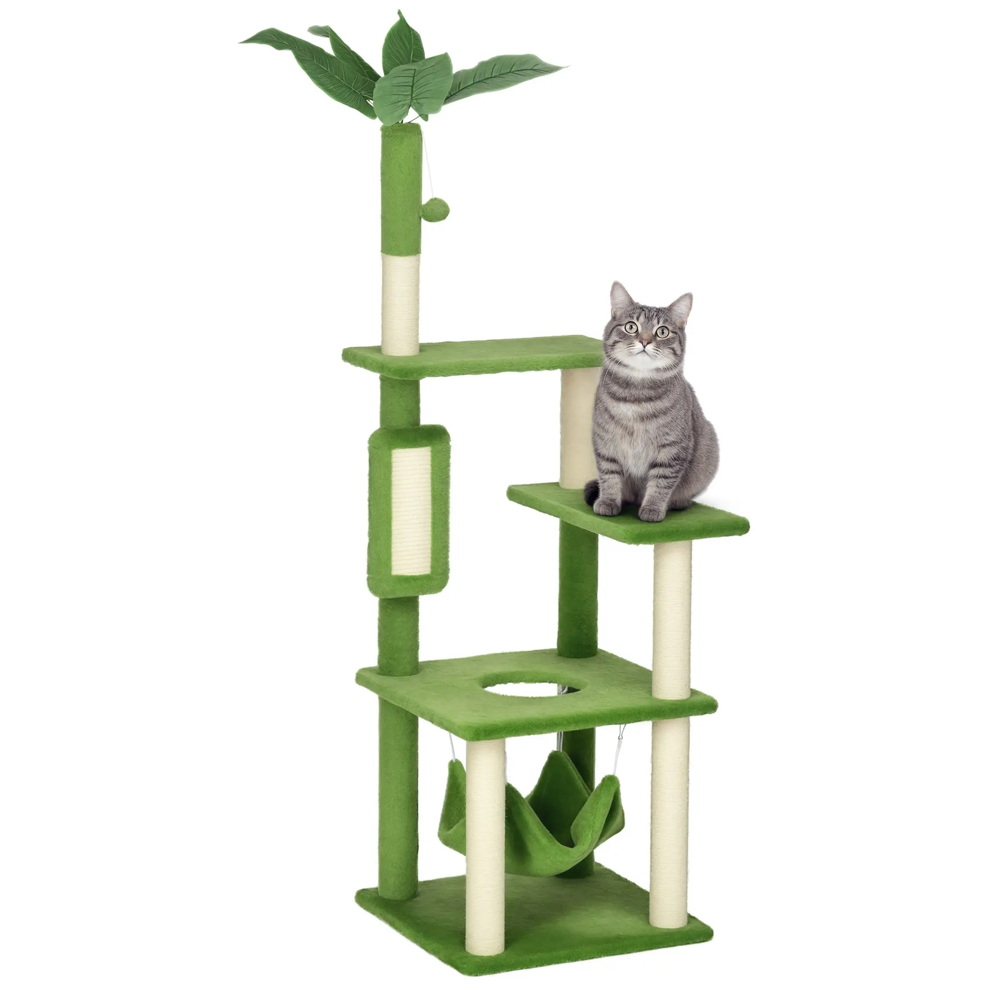 Cat Scratching Post 142cm, Cat Tree with Hammock, Ball Toy, Sisal Scratching Posts, and Anti-toppling System, Green