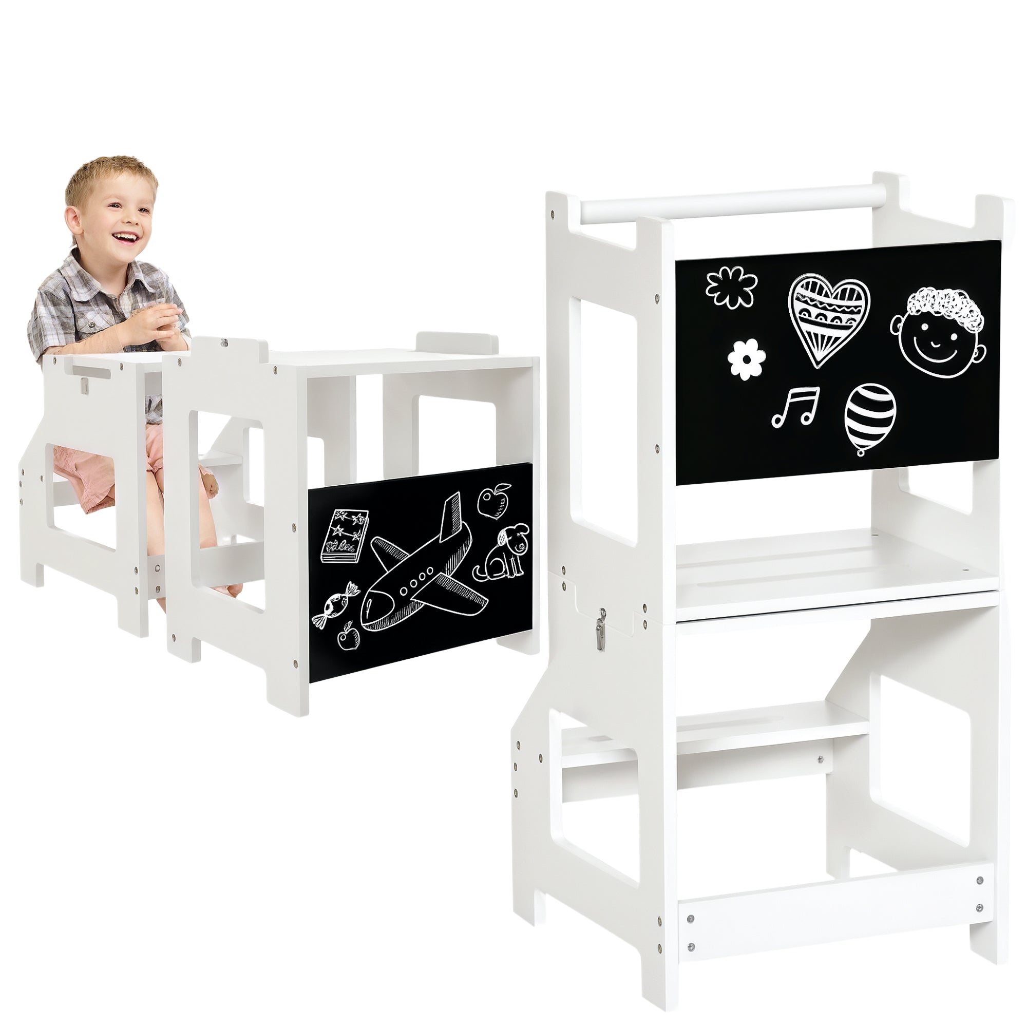 HOMCOM 2-in-1 Lernleiter Kindertrittleiter ab 3 Jahren, umbaubar zu Tisch mit Tafel und Sicherheitsgeländer 42x44x86 cm Weiß
