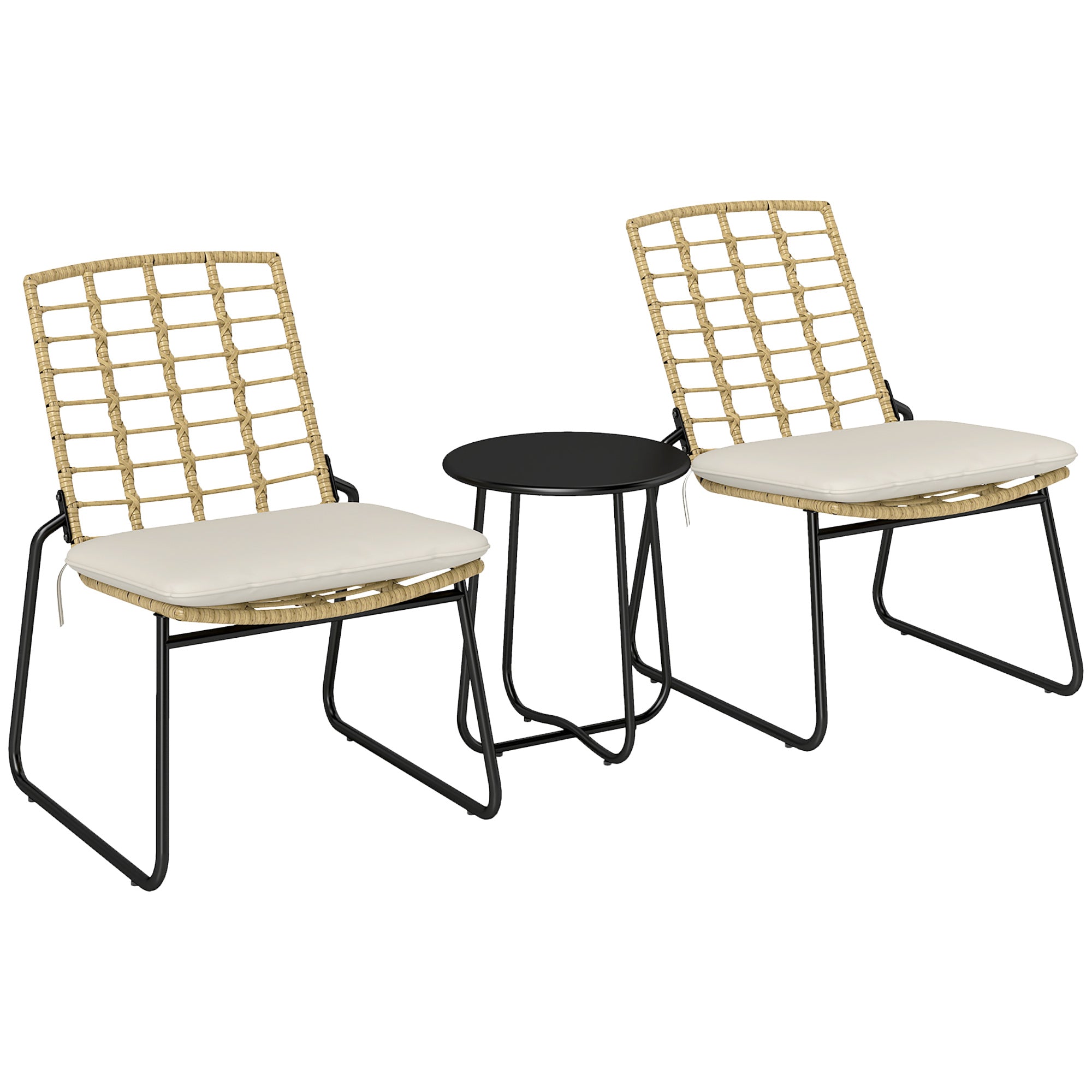 Outsunny Rattan Gartenmöbel Set, Terrassenmöbel Set für 2 Personen, 3-teiliges Outdoor-Sitzgruppe mit 2 stapelbaren Stühlen, Tisch, Kissen wetterfeste Gartenlounge für Terrasse Balkon, Beige & Braun