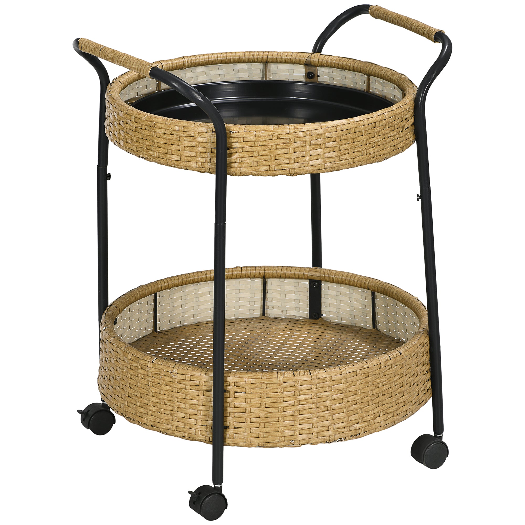Outsunny Rattan-kärry Tarjoilukärry 2 Hyllyllä, Puutarhan Rullakärry, Pyöreä Keittiökärry Kahvoilla, Ulkoilma Baari Kärry Parvekkeelle, Teräksinen Runko, Luonnollinen, Φ50 x 66 cm