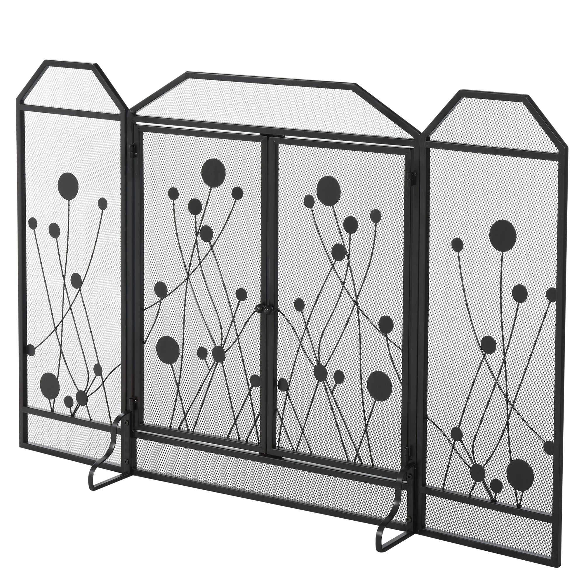 Folding Fire Screen for Fireplace in Steel and Metal Black with 2 Magnetic Closure Doors, 125x80cm