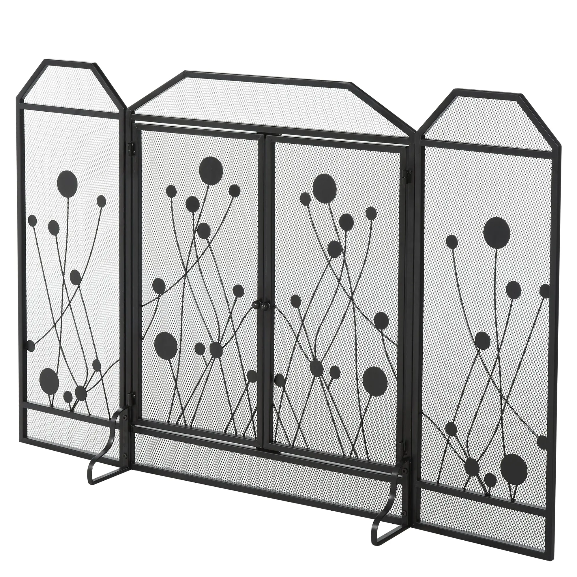 Folding Fire Screen for Fireplace in Steel and Metal Black with 2 Magnetic Closure Doors, 125x80cm