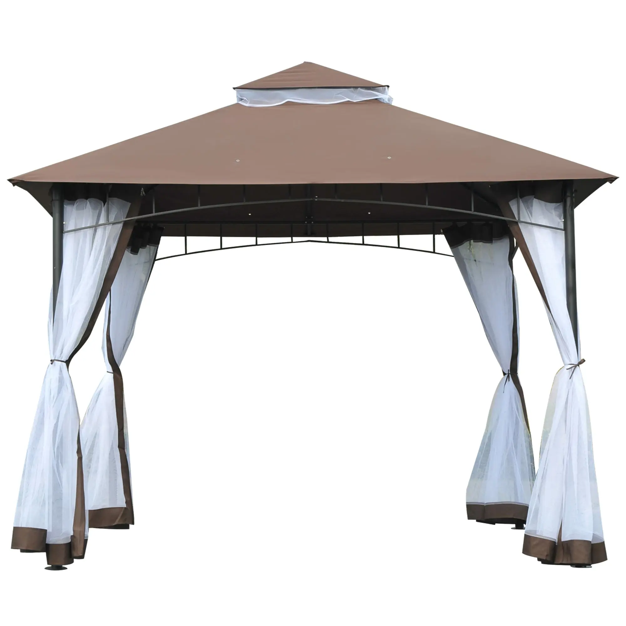Garden Gazebo 3x3m Gazebo with Double Roof and Side Mesh Panels with Zip Good Ventilation Gazebo for Terrace Events Parties Weddings Brown and White