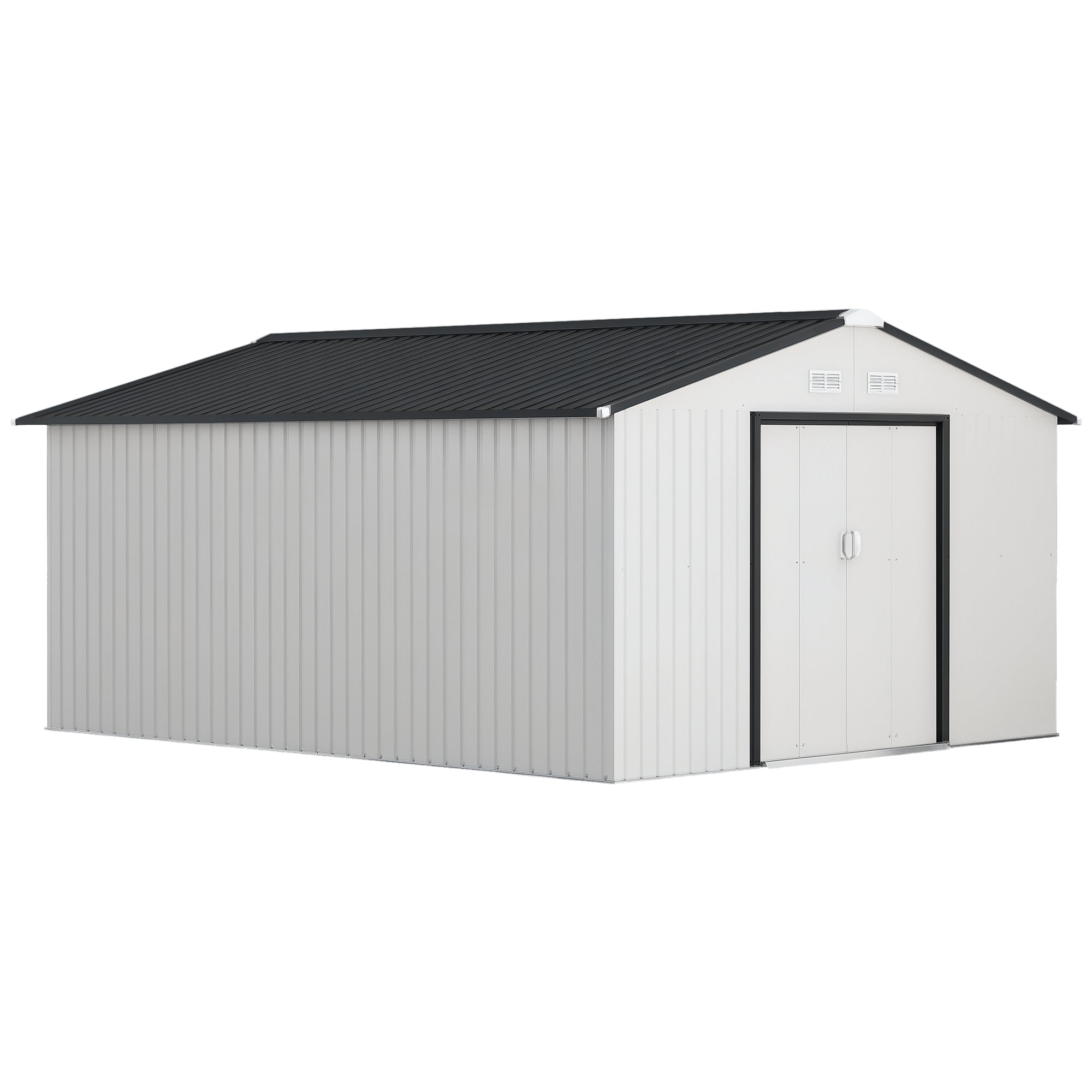Garden Shed Exterior 12.4 m? 340x386x200 cm Garden Shed with Sliding Door Sloping Roof Reinforced Base (Floor Not Included) and 4 Windows White