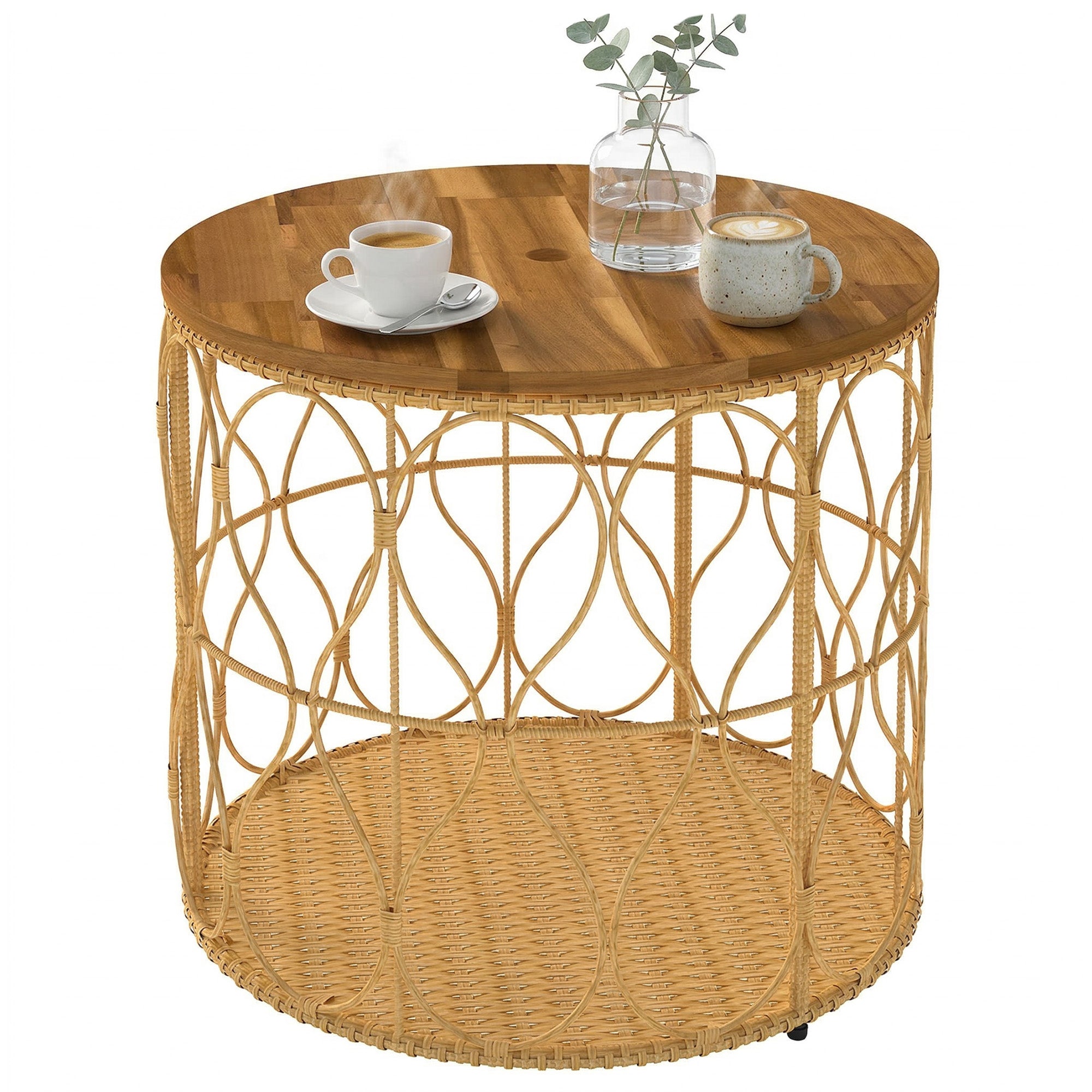 Outsunny sidobord Ø50 cm, väderbeständigt trädgårdsbord med rottinglook, akaciaskiva, justerbara fötter, max 80 kg, bistrobord för trädgård/terrass/balkong — Teak