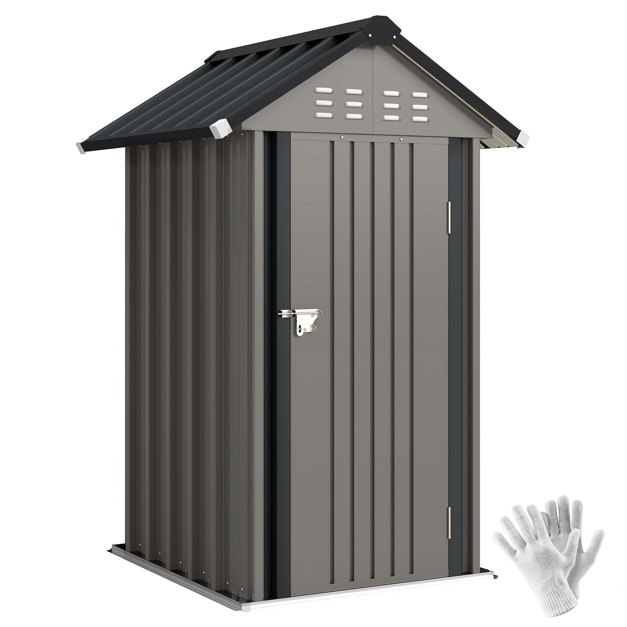 Outsunny verzinkter Metall-Gartenschuppen, 1,17 m² – belüftet, abschließbar, mit Giebeldach, Handschuhe inkl., Hellgrau