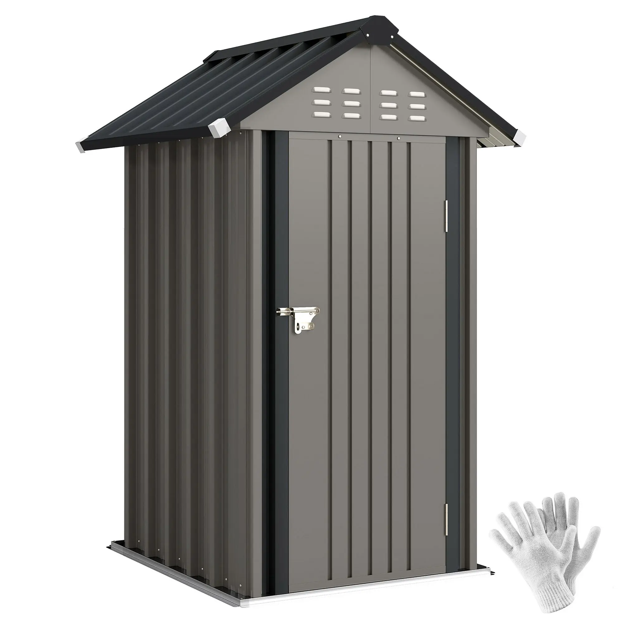 Galvanized Metal Garden Shed, 1.17 m2 (12.6 ft2) – Ventilated, Lockable Storage with Gable Roof, Gloves Included, Light Gray