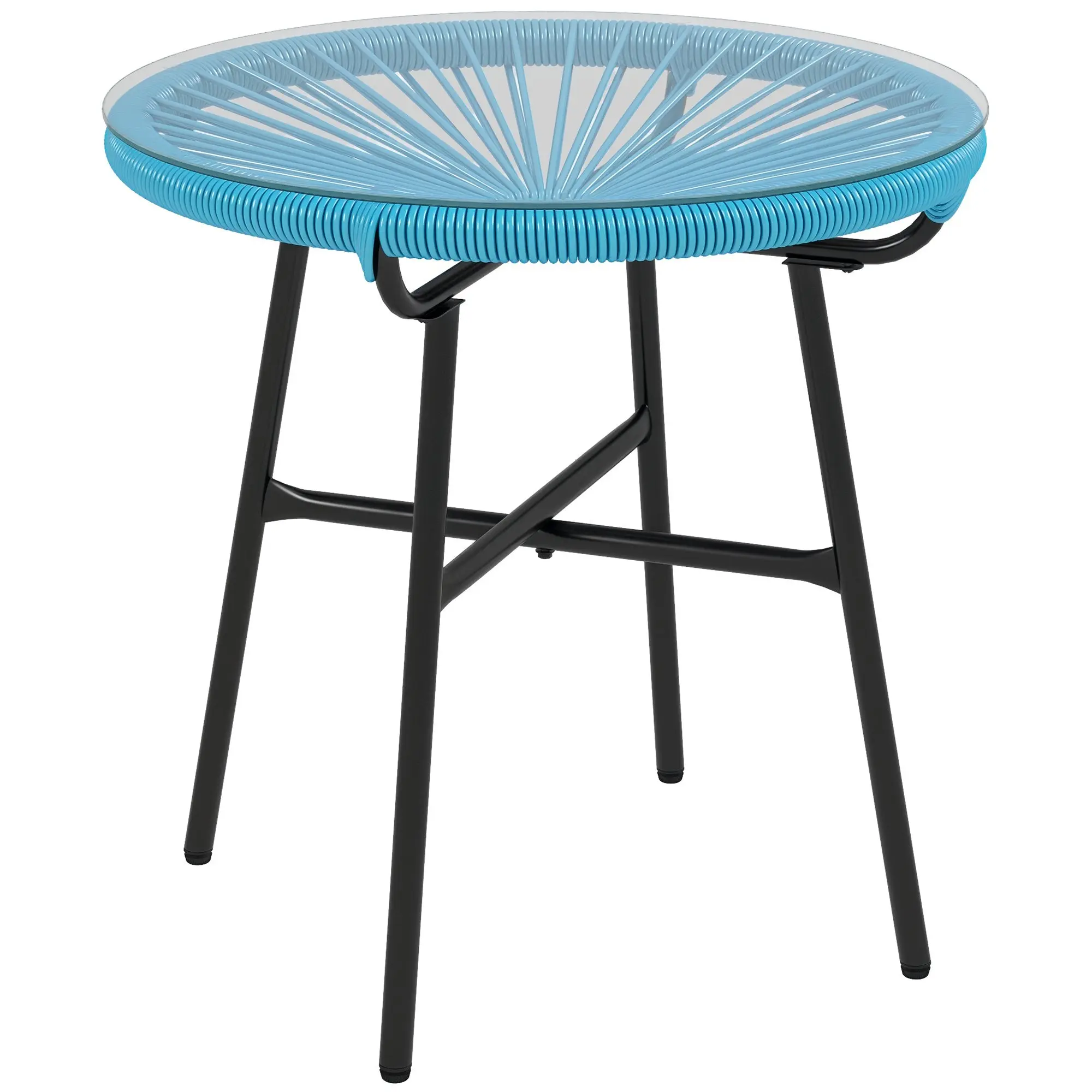Round Garden Coffee Table in Resin Rattan Look Metal and Tempered Glass Top ? 50 x 50 cm Blue