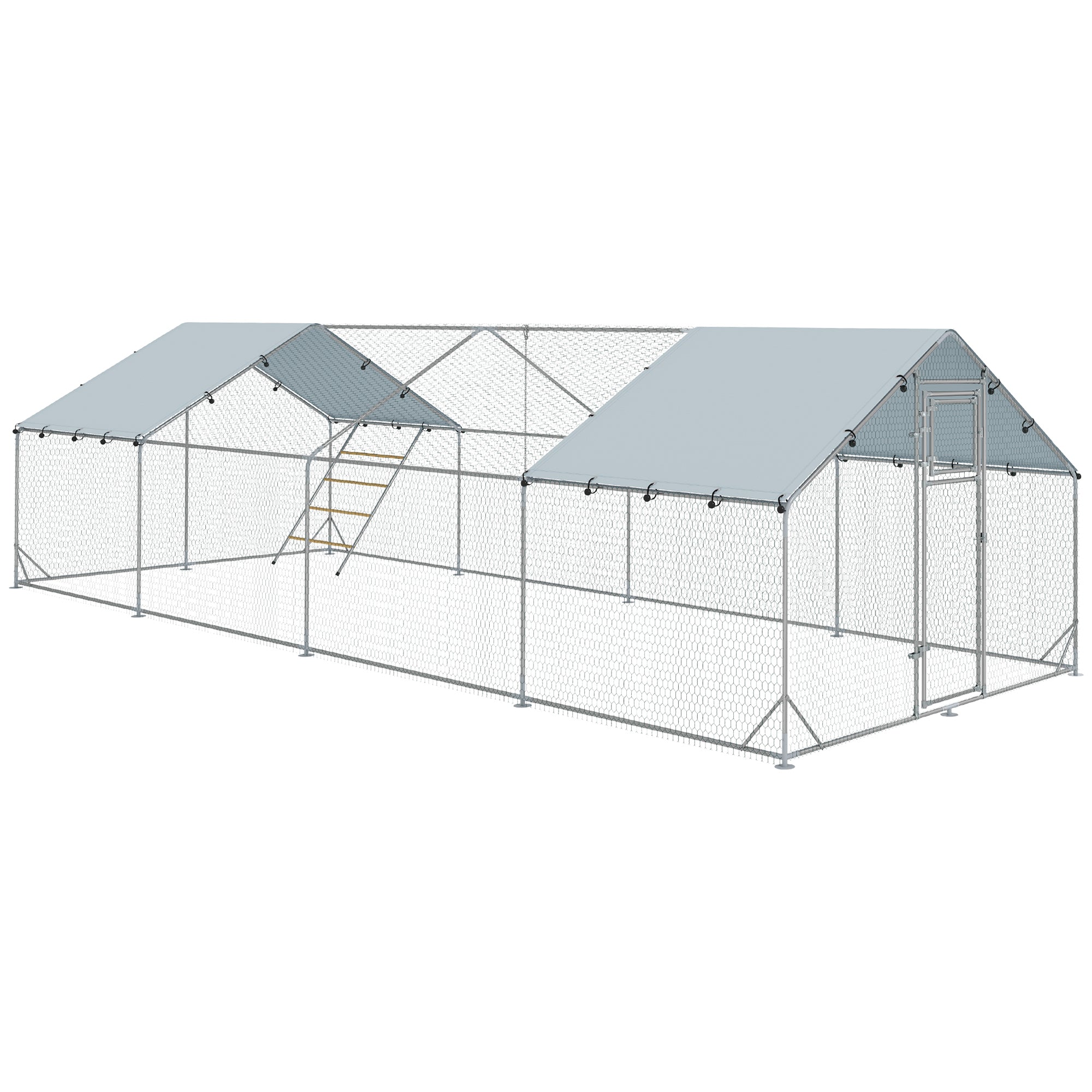 Chicken Coop Run made of Steel, 3 x 8 x 1.95m Chicken Cage with UV-Resistant Cover, Feeding Door, Hanging Feeder, Perch, Chicken Enclosure for 24-30 Chickens, Small Animals, Silver