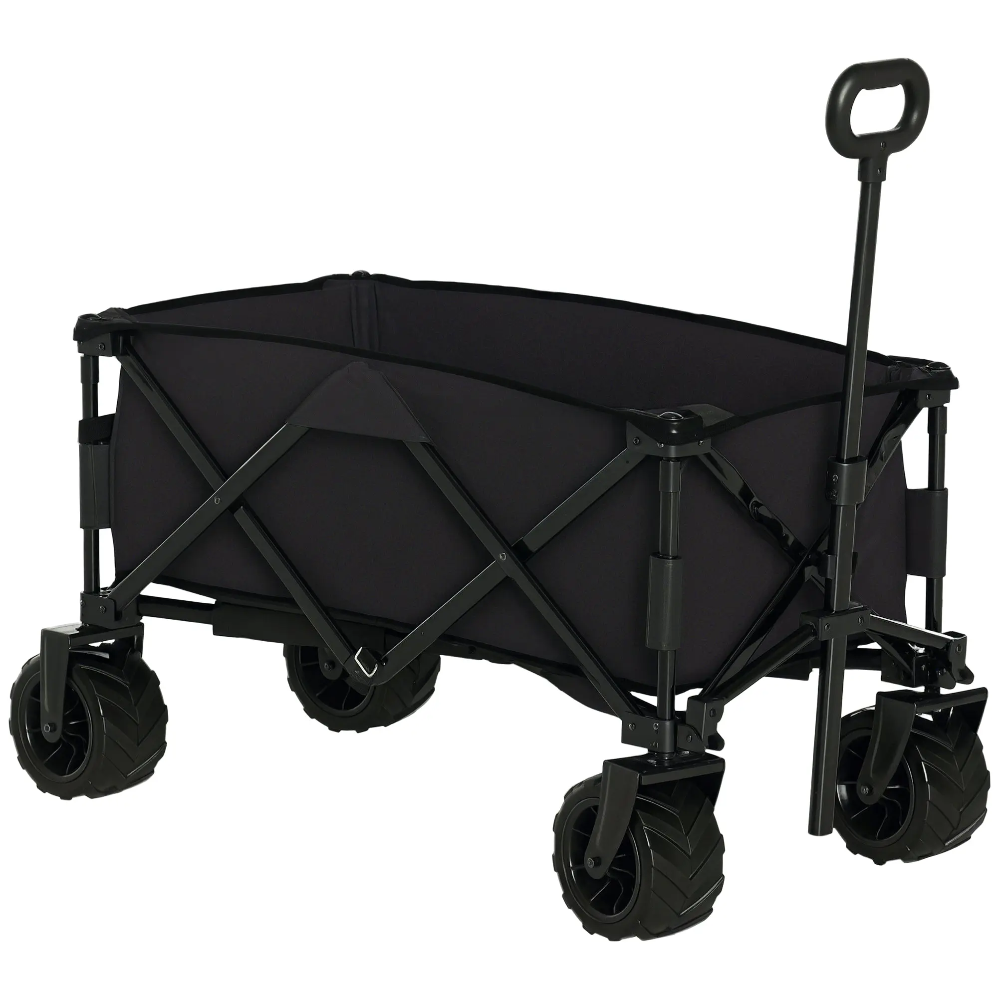 Large Wheeled Beach Cart with Brake, Foldable Garden Cart with Adjustable Handle Height, 360° Swivel Wheels, for Terrace, Patio, Camping, Outdoor Shopping, Black