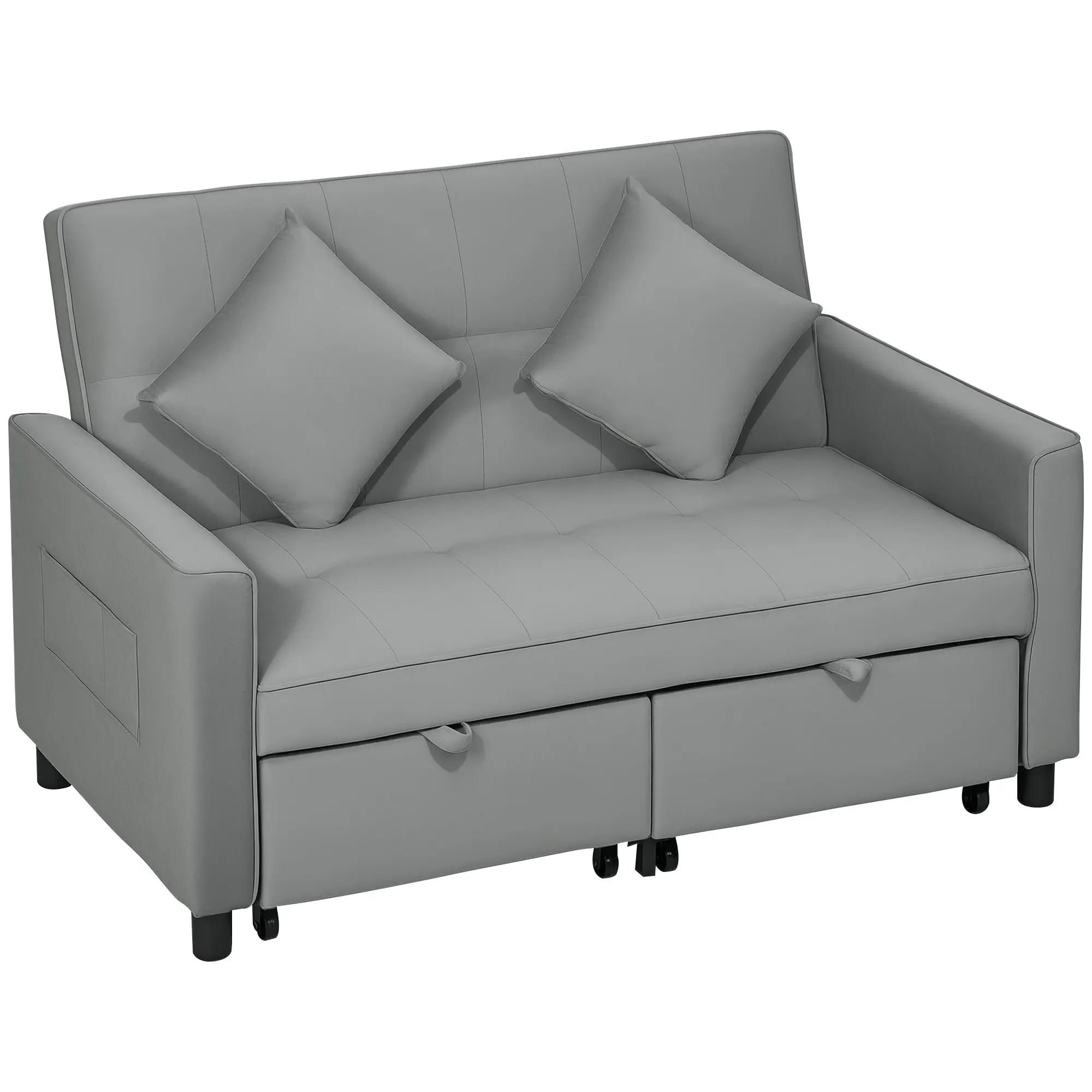 Sleeper Sofa, 2-Seater Sofa with Sleeping Function, Adjustable Backrest, Couch with Pillows, Velvet Look, L-Shaped Sleeper Sofa with Storage Box, Rollers for Living Room, Guest Room, Gray