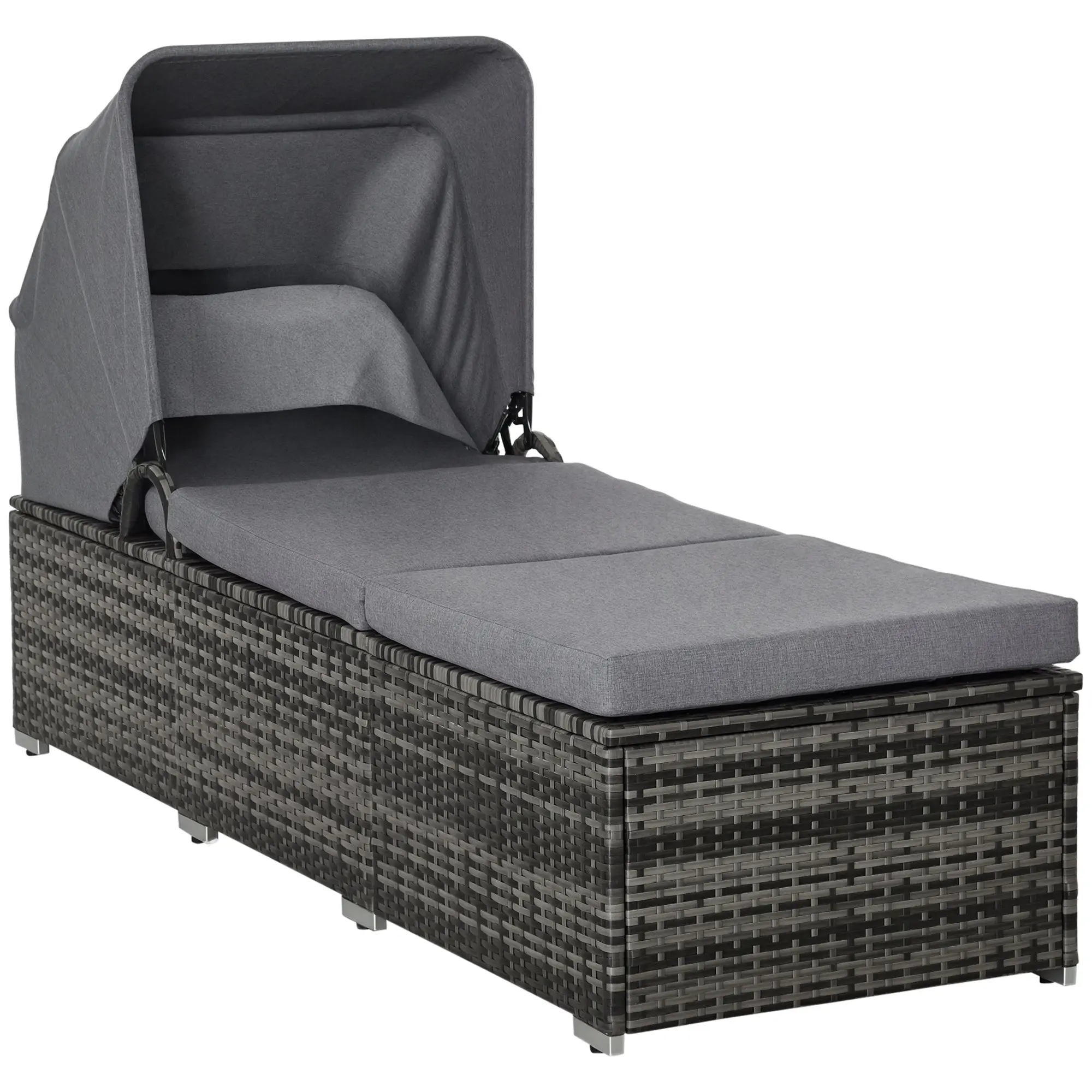 Sun Lounger made of Poly Rattan with Sun Canopy Garden Sun Lounger adjustable Rattan Sun Lounger Garden Furniture Recliner with Cushion Grey 195 x 65 x 40 cm