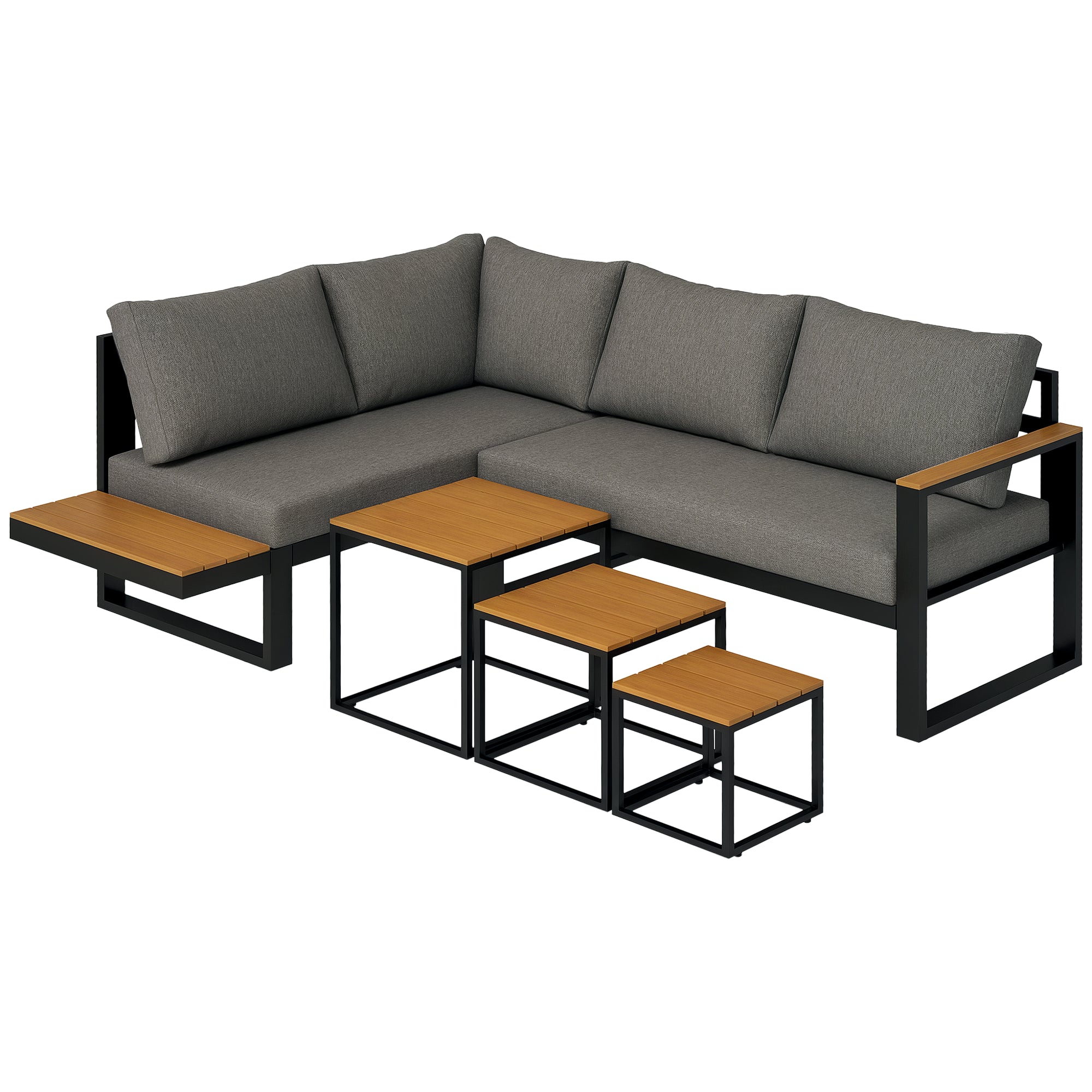 Outsunny Set vanjskog namještaja od 5 dijelova, vrtni namještaj s kutnom sofom, dvosedom, stolom za kavu, balkon set s jastučićima, vrtni lounge set za terasu, balkon, siva