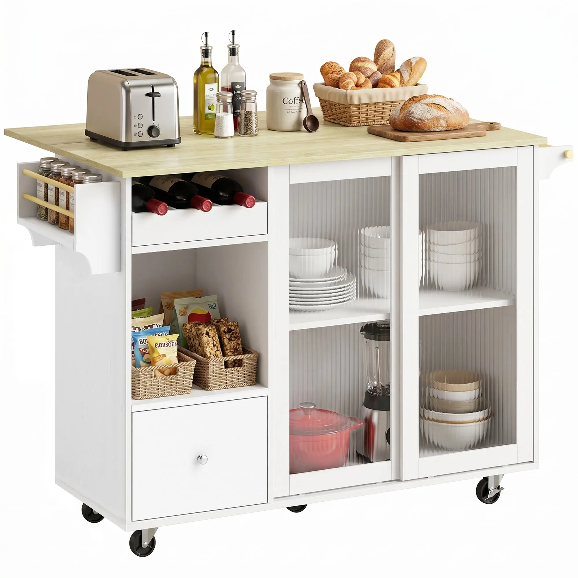 Kitchen Island with Folding Countertop — Rolling Kitchen Cart with Sliding Glass Doors, Wine Rack, Drawer, Spice Rack & Adjustable Shelf, White & Oak