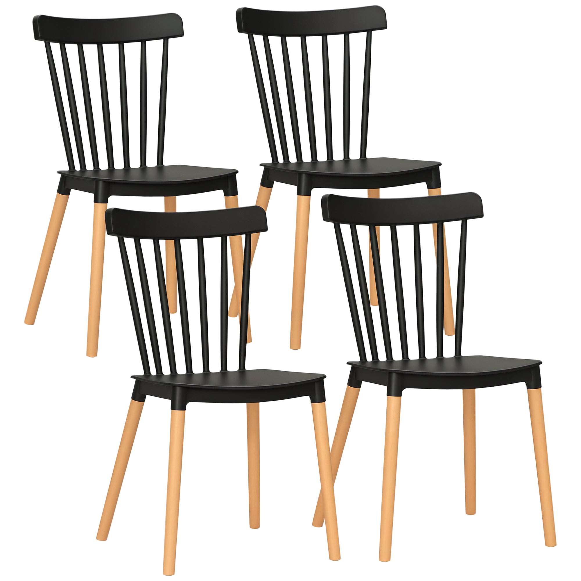 HOMCOM Set vu 4 Nordic Style Iessen Stécher Kichenstécher mat Héich Réck Polypropylen Sëtz a Bëchszemmelen mat 120 kg Tragfäegkeet 48x52.5x83 cm Schwaarz
