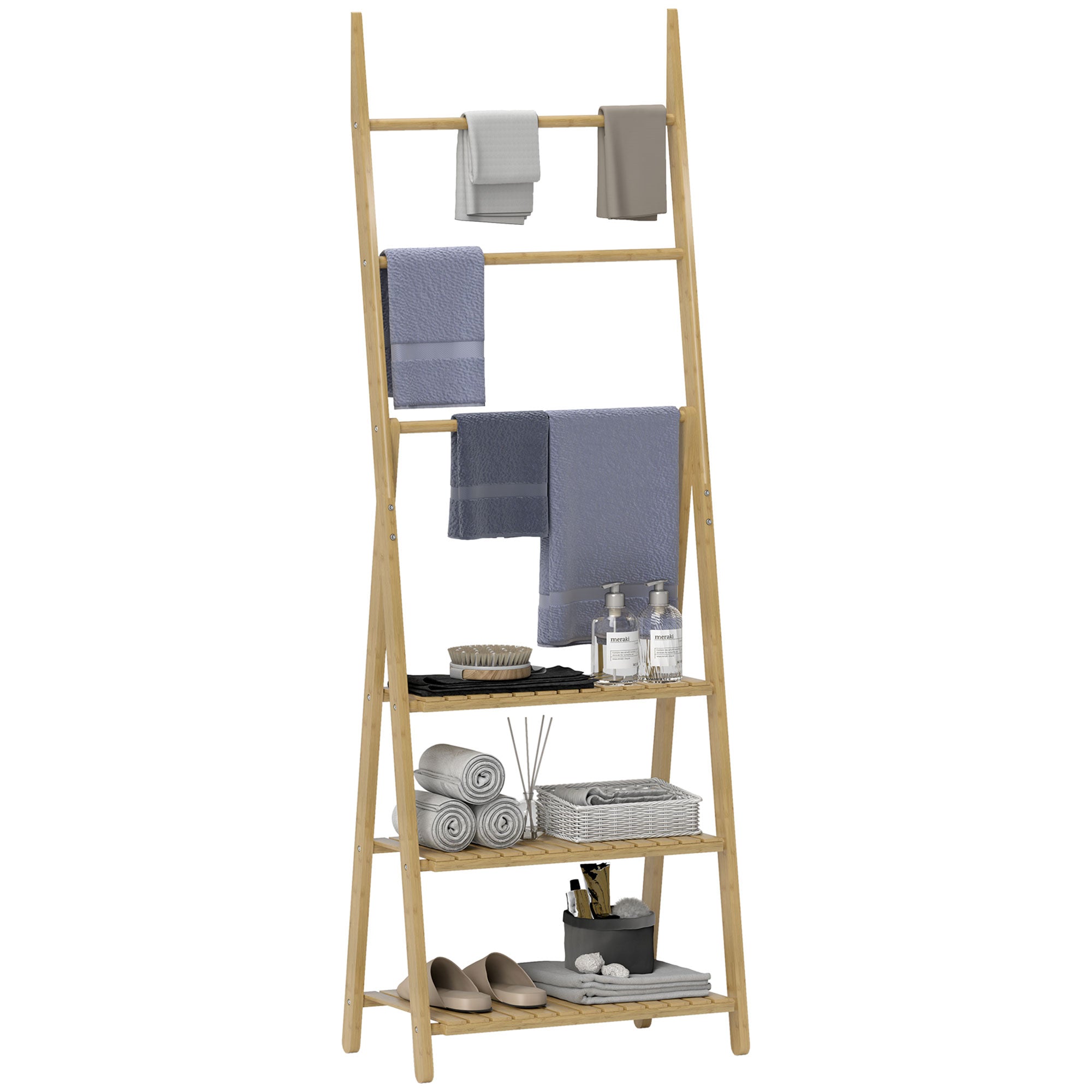 HOMCOM Bambus Badezimmerregal mit 3 Regalen Klappbares Stauraumregal mit Handtuchstangen A-Rahmen Holzregal 53,5x30x53 cm Natur
