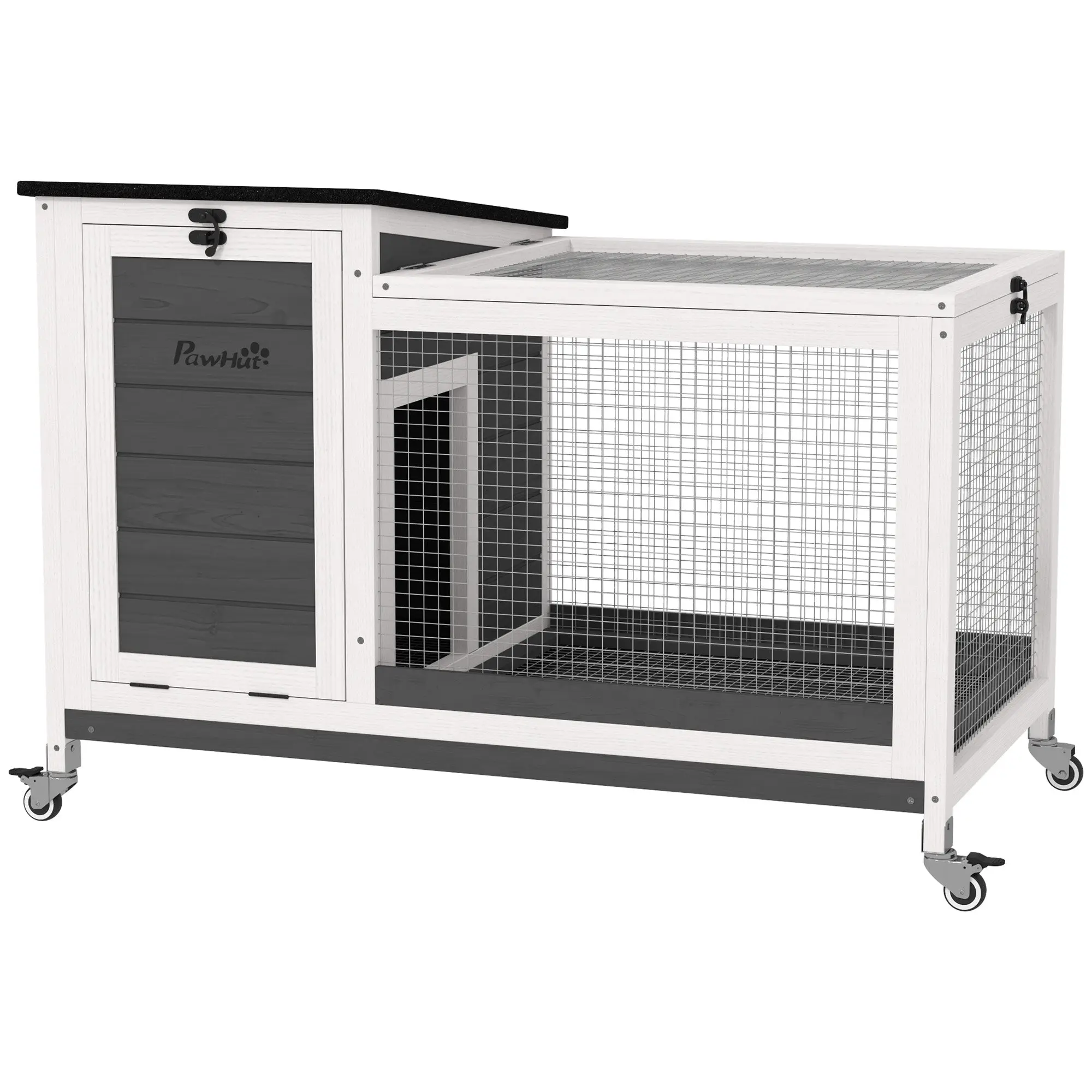 Wooden Rabbit Hutch with Wheels Rabbit Cage with Flip-Top Asphalt Roof Mobile Window and Removable Tray Indoor and Outdoor Rabbit Hutch 91x51x66 cm White and Dark Gray