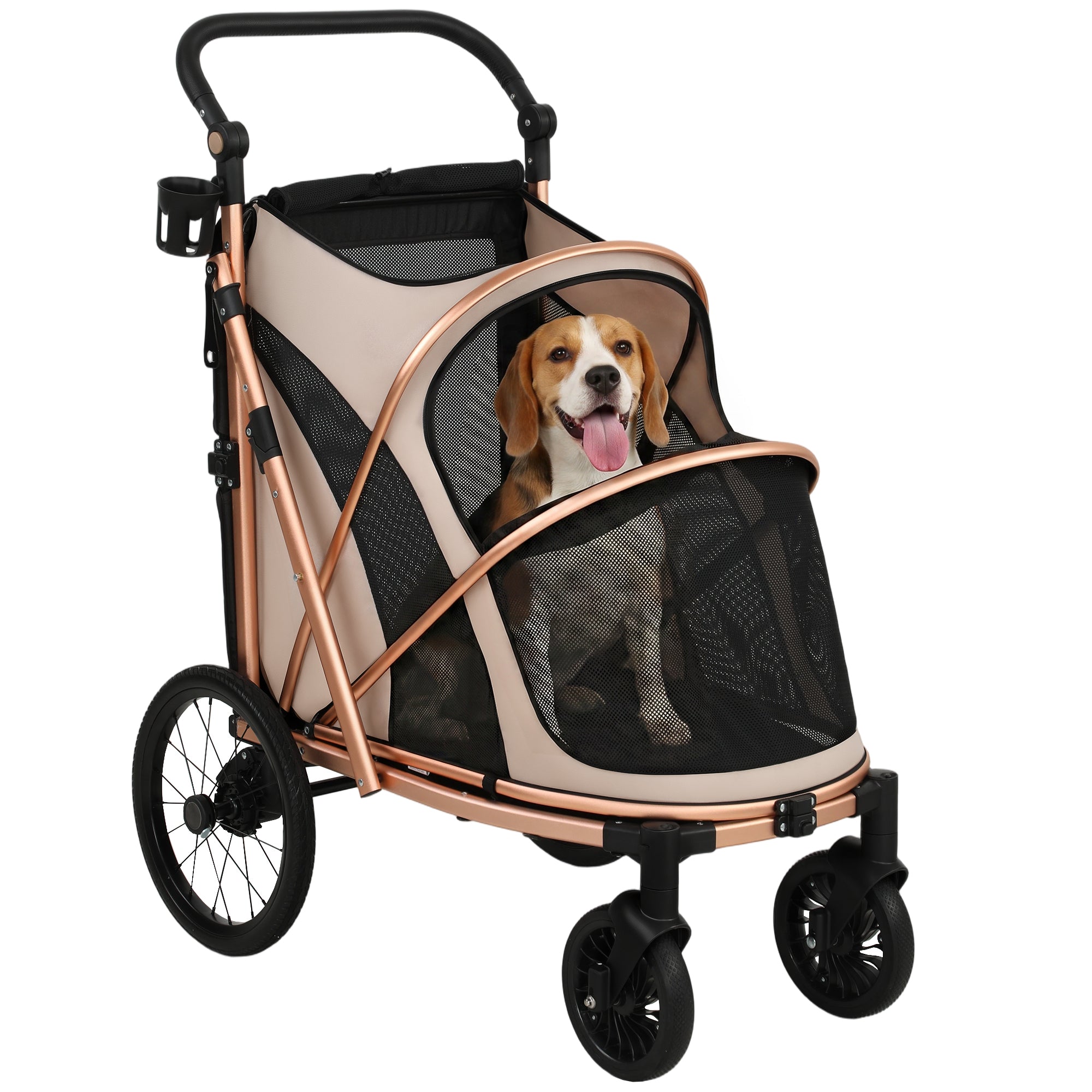 PawHut faltbare Hondewagen – bis 20 kg, grouss Räder, Offéderung & Brems, Netfënsteren, Aluminiumrahmen, ofhuelbart Polster, Réimer, verstellbaren Grëff, Hellbrong