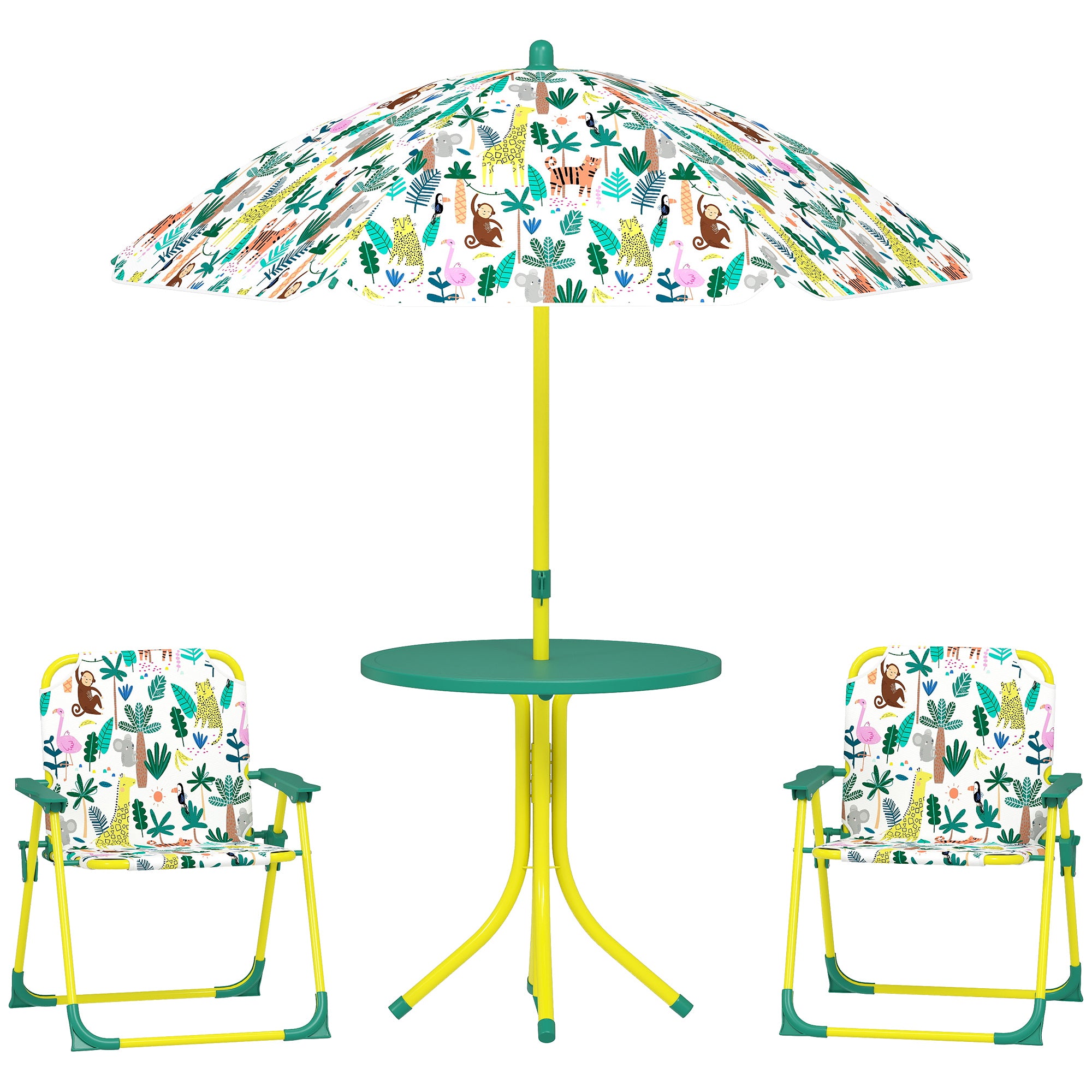 AIYAPLAY — Ensemble table et chaises enfant 4 pièces motif jungle avec parasol amovible, vert