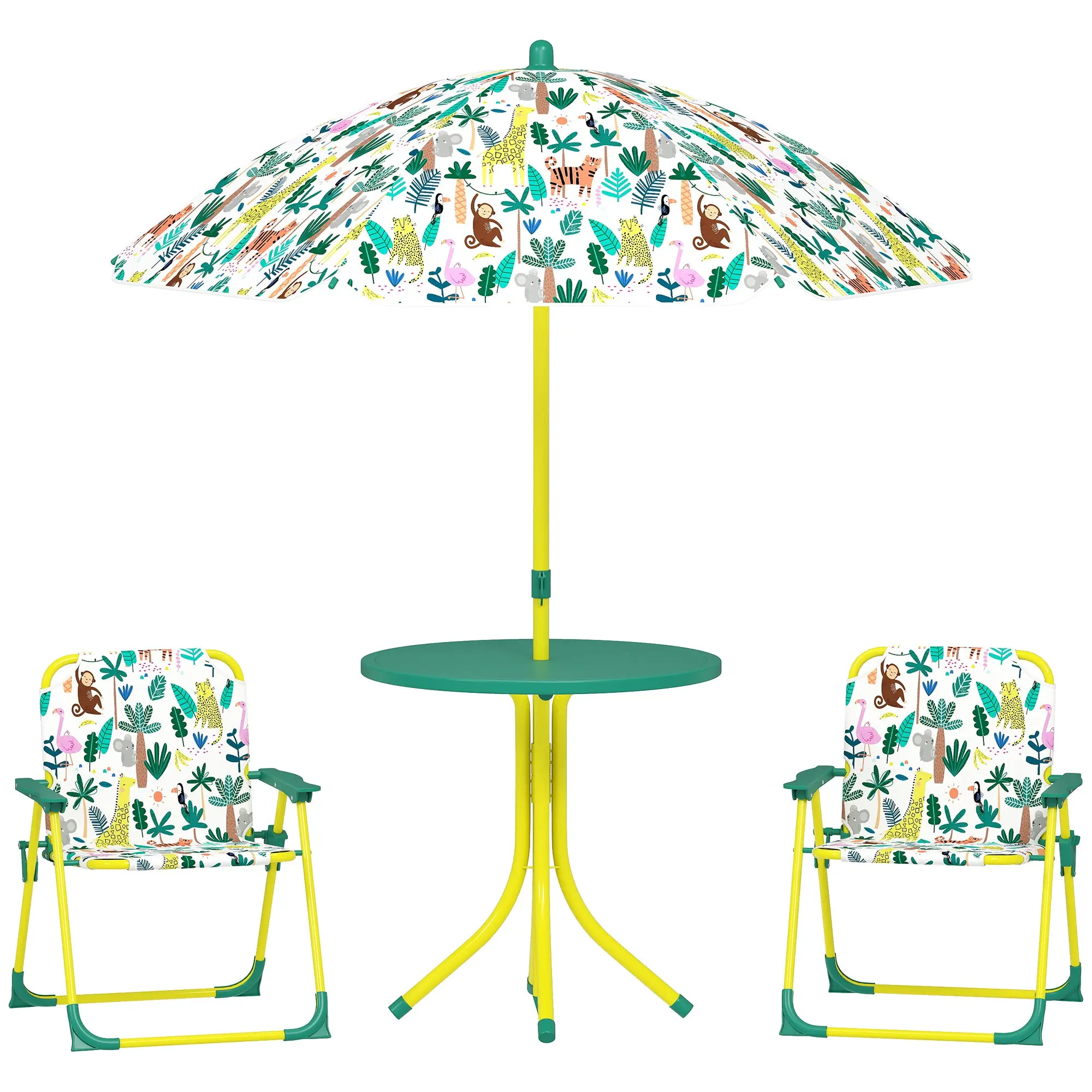 4-Piece Children's Garden Table & Chairs — Folding Kids Table with Detachable Umbrella, Jungle Design, Green