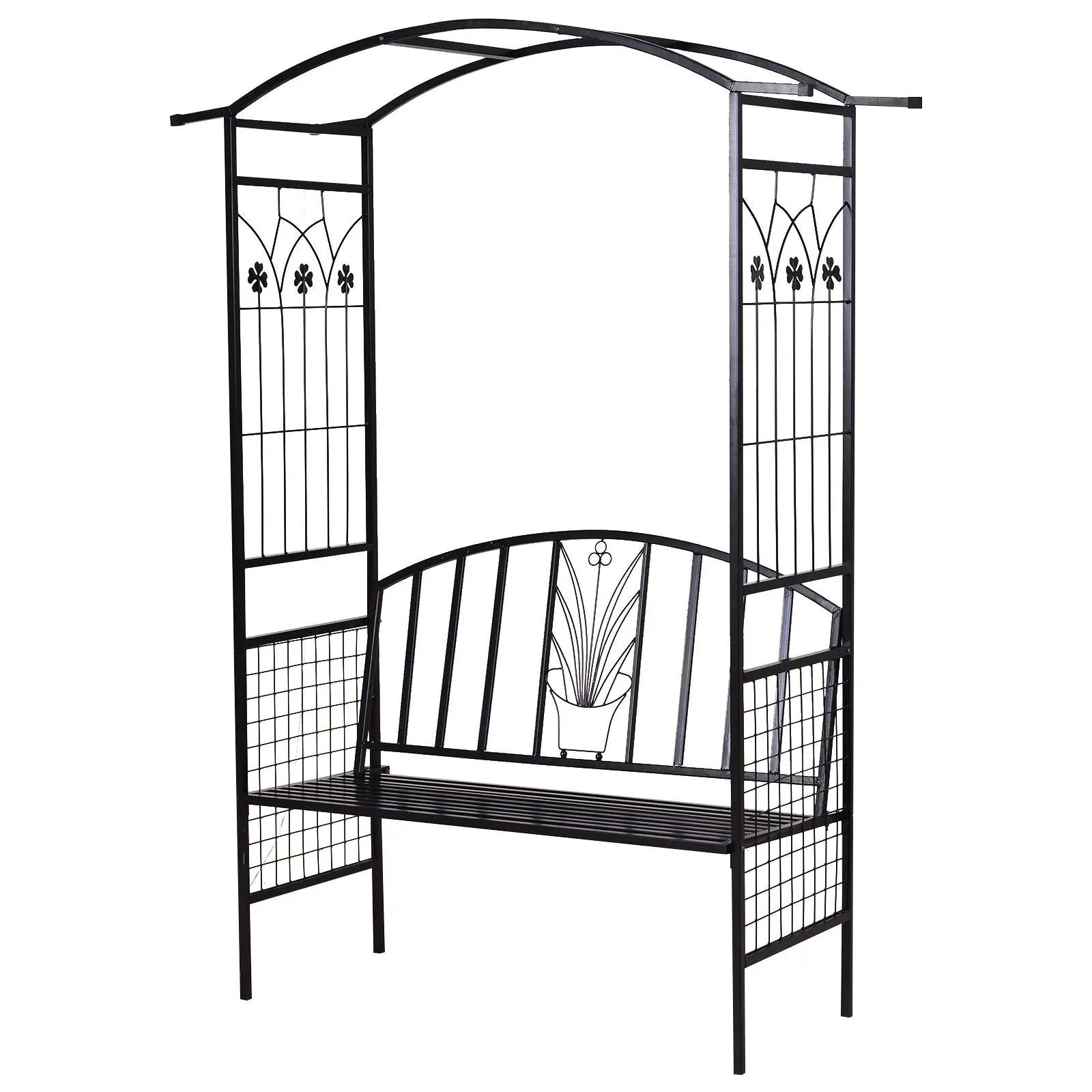 Arch with Bench Seat Bench Arch Trellis Climbing Aid Garden Metal Black 154 x 60 x 205 cm
