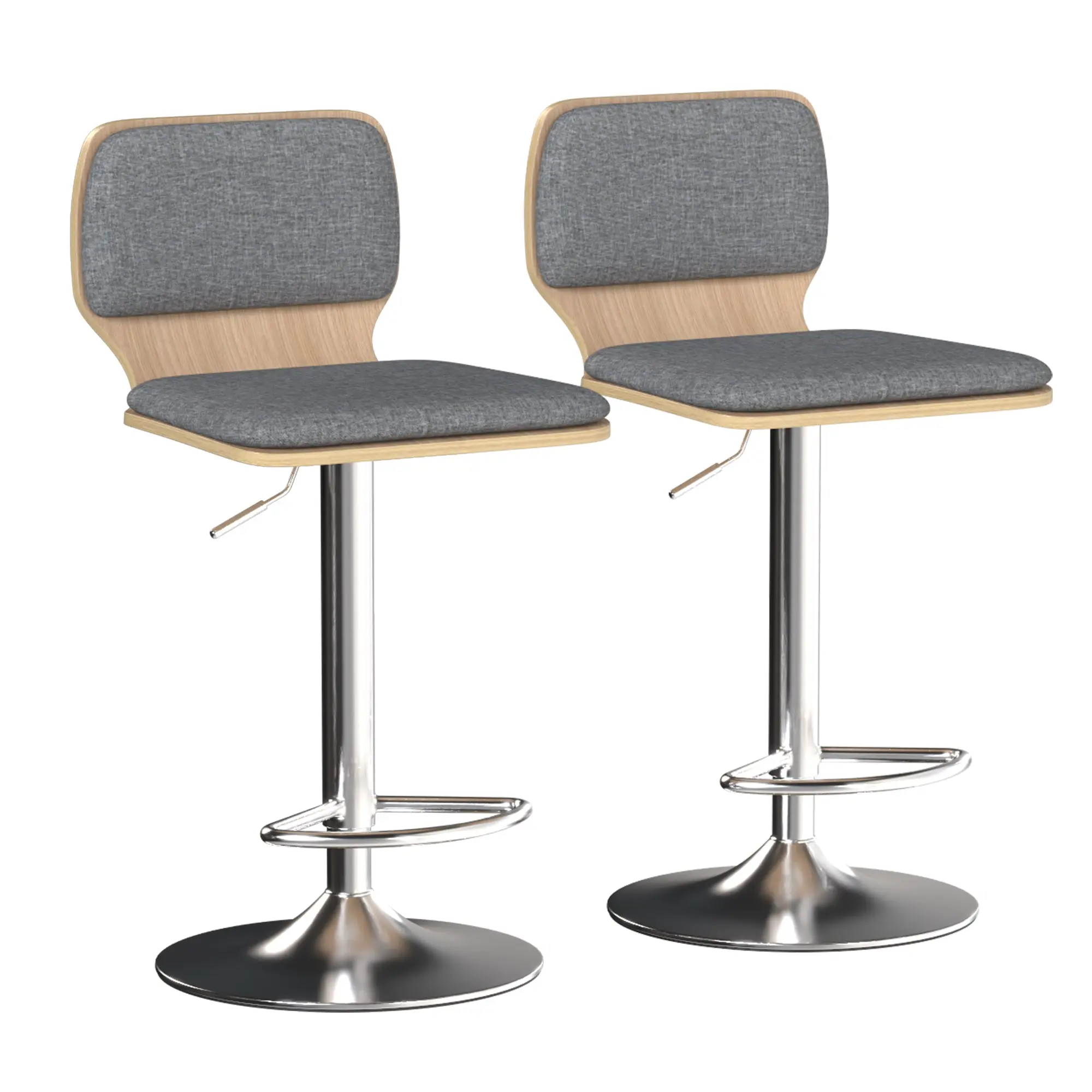 Set of 2 Bar Stools, Height-Adjustable with Backrest, Footrest, 360° Swivel, Steel Base & Linen-Look Fabric, for Dining/Counter (41 x 47.5 x 81–102 cm) – Gray