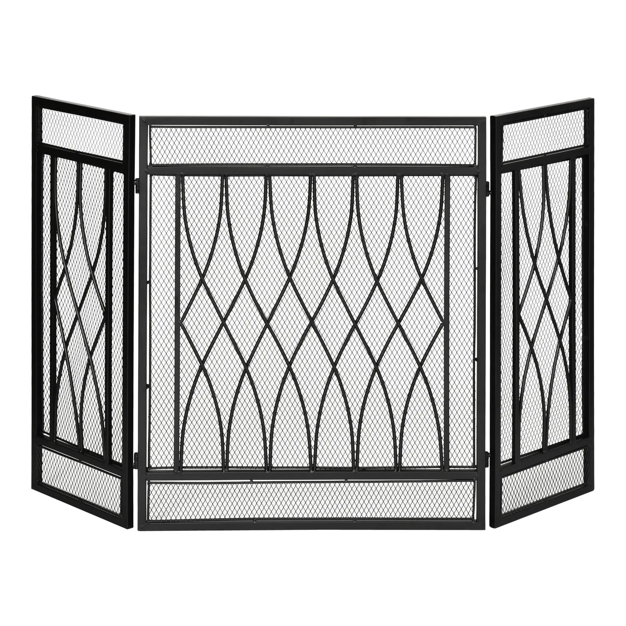 Folding Fireplace Screen Protective Fire Guard with 3-Panel Hinged Metal Structure 126x3x80 cm Black
