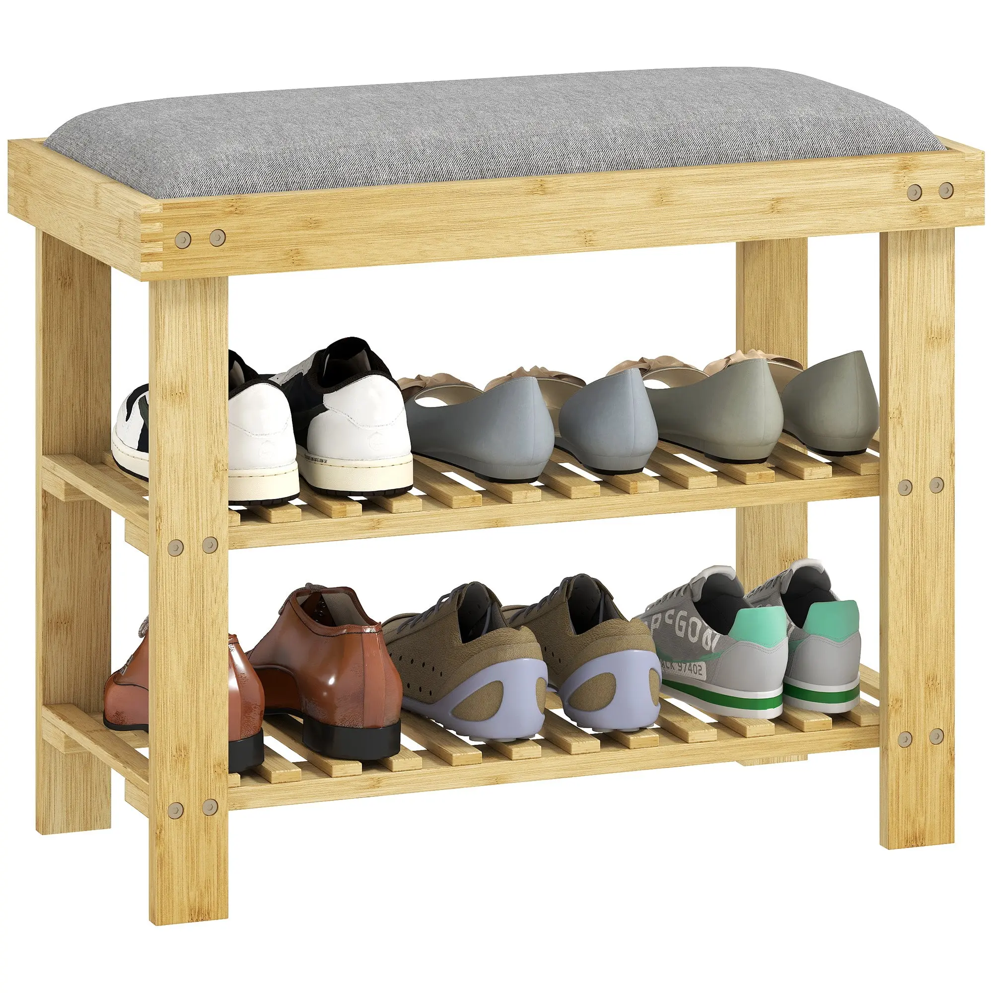 Bamboo Shoe Bench Shoe Rack with Padded Seat 2 Shelves for 6 Pairs of Shoes for Entryway Bedroom 60x29x49 cm Natural and Gray