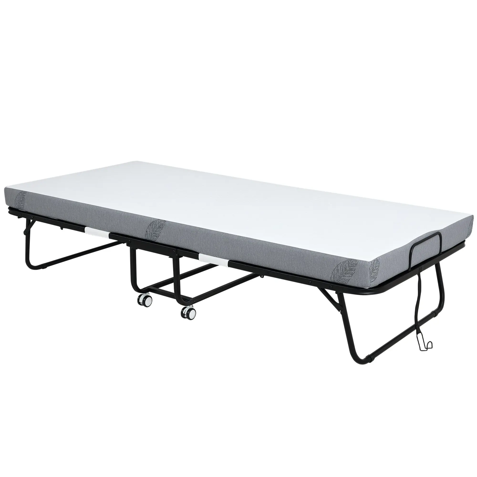 Folding Bed 200x90x42.5 cm Portable Camping Bed with Single Mattress Wheels and Brakes Load 150 kg for Bedroom Living Room Office White