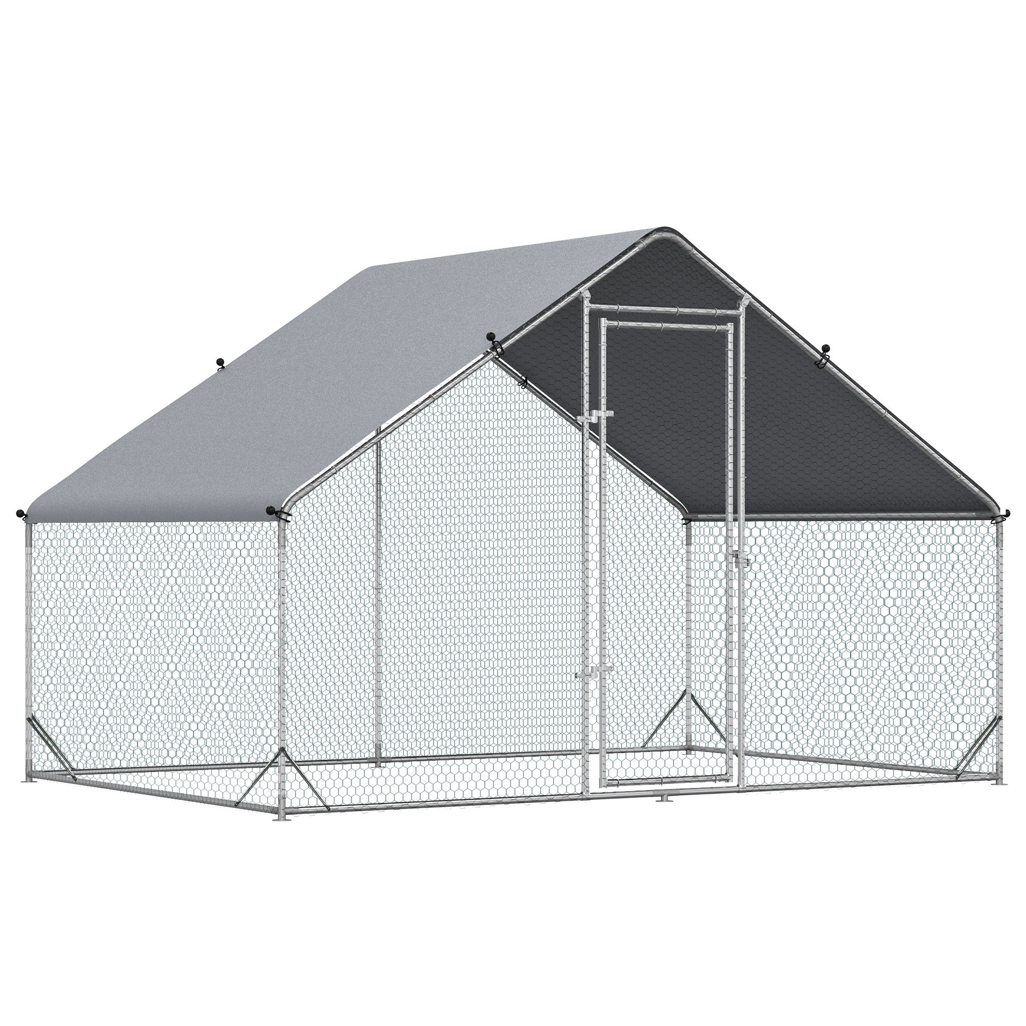 PawHut Teraviljakana Kliimapuur, Roostevaba Teras, 300 x 200 x 200 cm Kana Puuri Kattega, Uks, Kana Aed 4-6 Kanale, Väikestele Loomadele, Hõbe