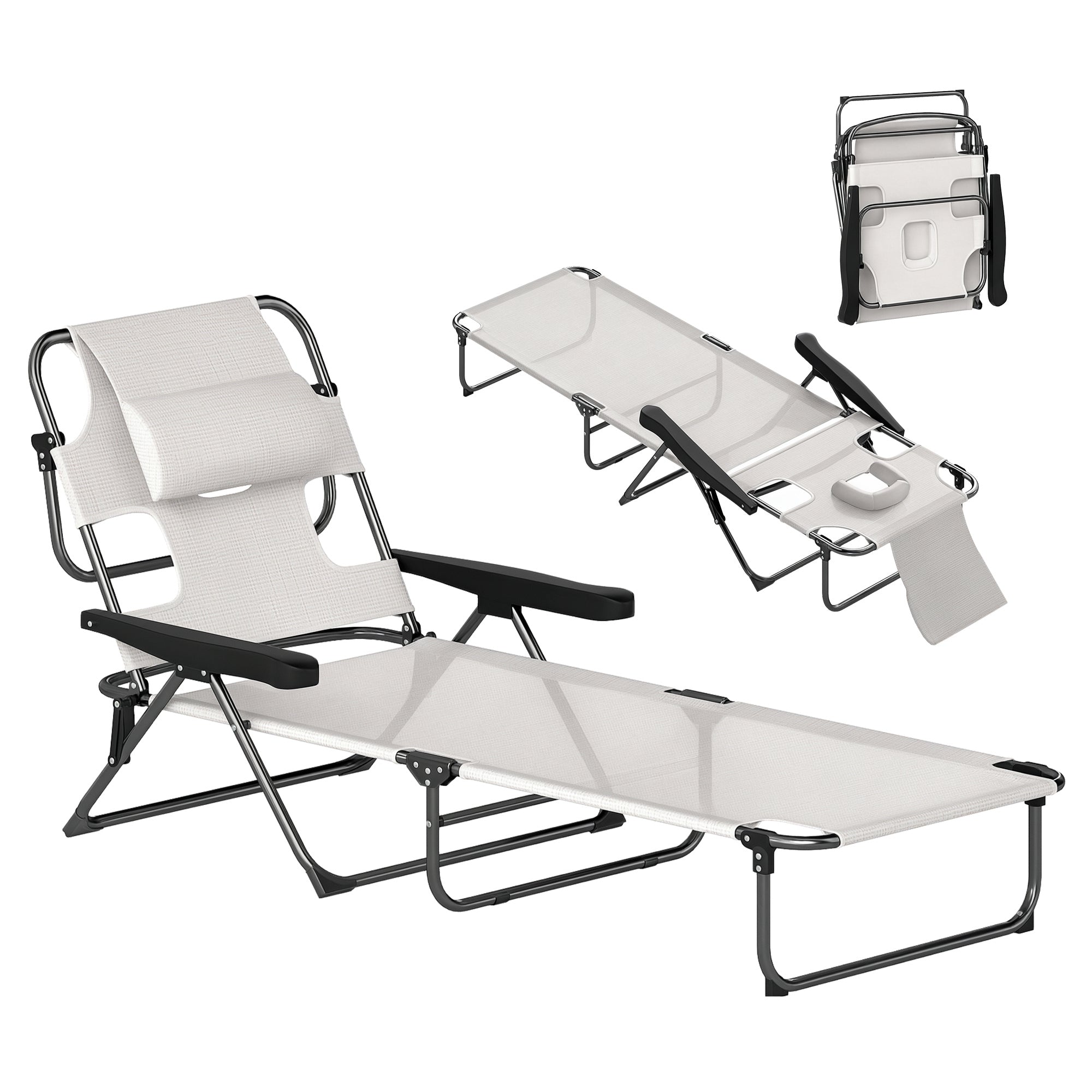 Outsunny Sammenklappelig Solstol - Have Solstol med 4-Niveau Justerbar Rygstøtte, Læsehul og Hovedstøtte til Terrasse og Pool 194x72x31 cm Creme