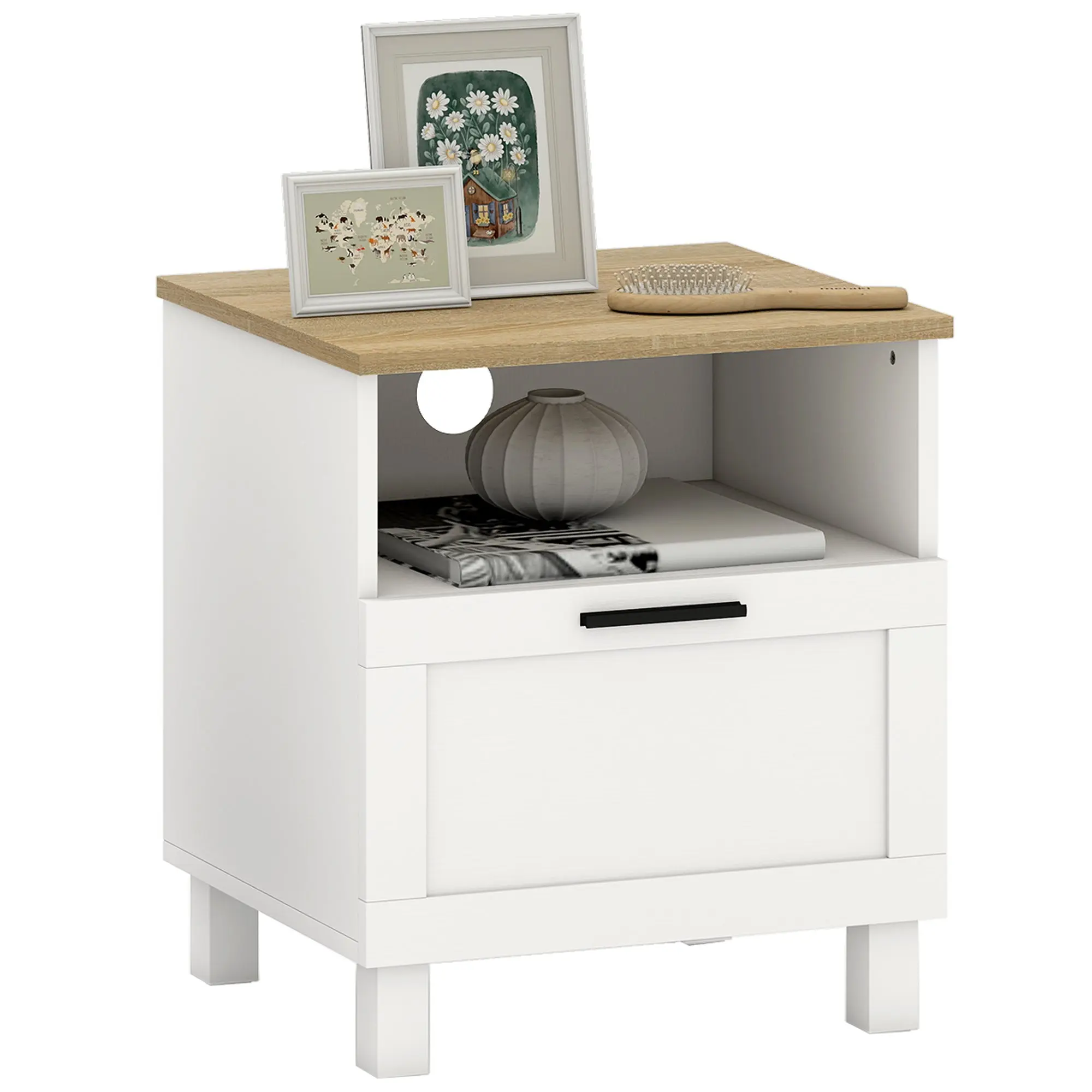 Bedroom Nightstand with Drawer & Open Shelf, Space-Saving Modern Nightstand with Pine Legs — White, 17.7 x 15.0 x 19.7 in