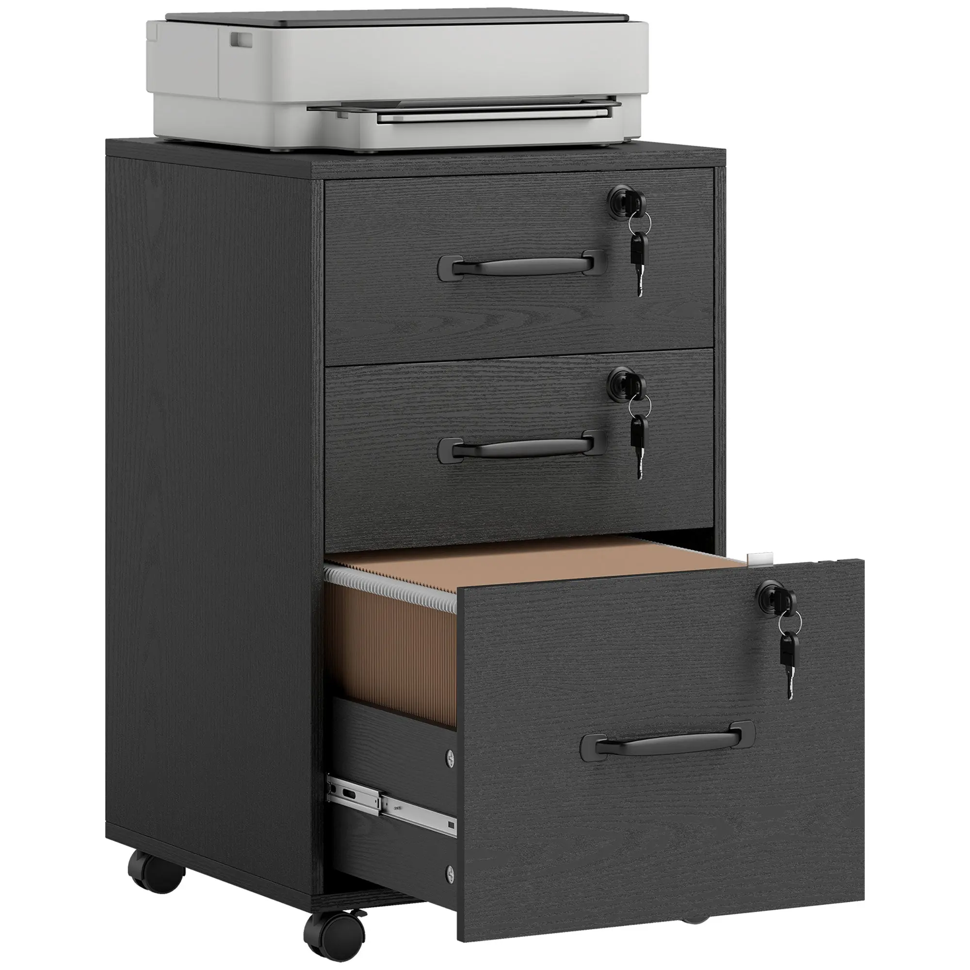 Mobile File Cabinet with 3 Lockable Drawers, Rolling Pedestal for A4/Letter Hanging Files and Printer Stand, Black