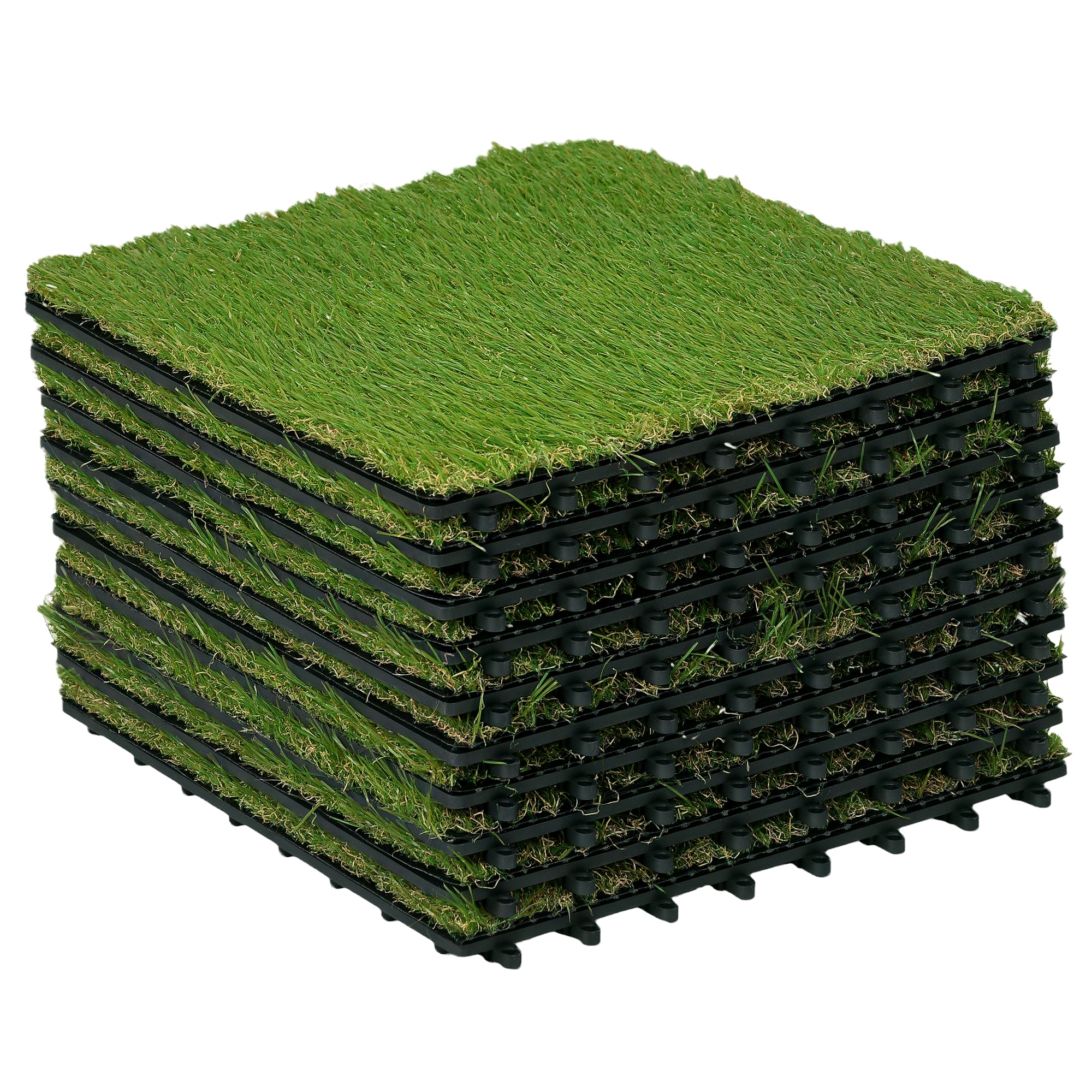 Outsunny Kunstrasen 10 Teile Rasenmatte 30 x 30 cm Kunstrasenteppich für Gartenbalkon 25 mm Kunststoff Dunkelgrün