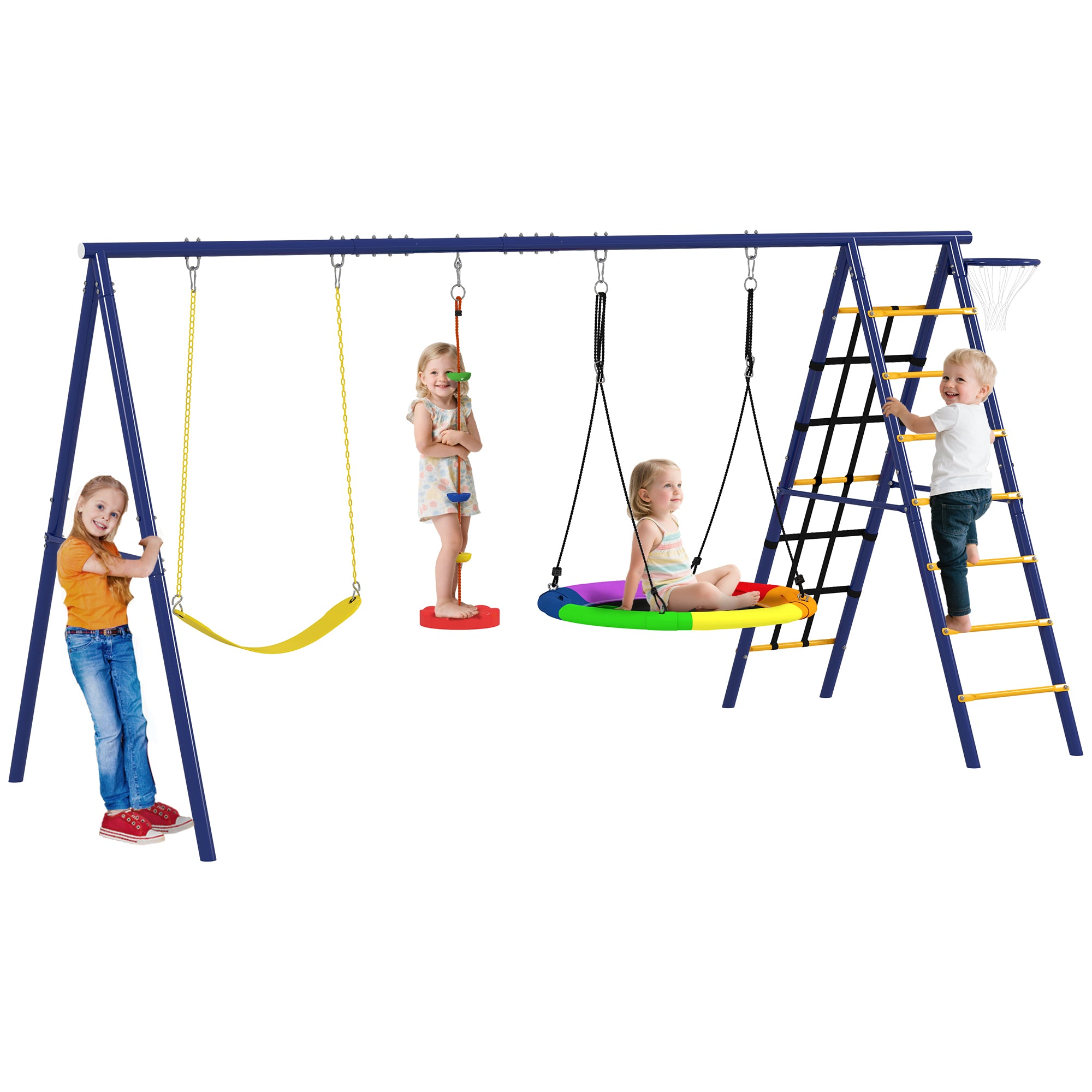 AIYAPLAY Kanner Schaukelen fir +3 Joer 6-in-1 Outdoor Garteschaukelen mat eenzeger Schaukel Nest Seil mat Disc Klëppel Nett Laf an Basketball Hoop Multicolor