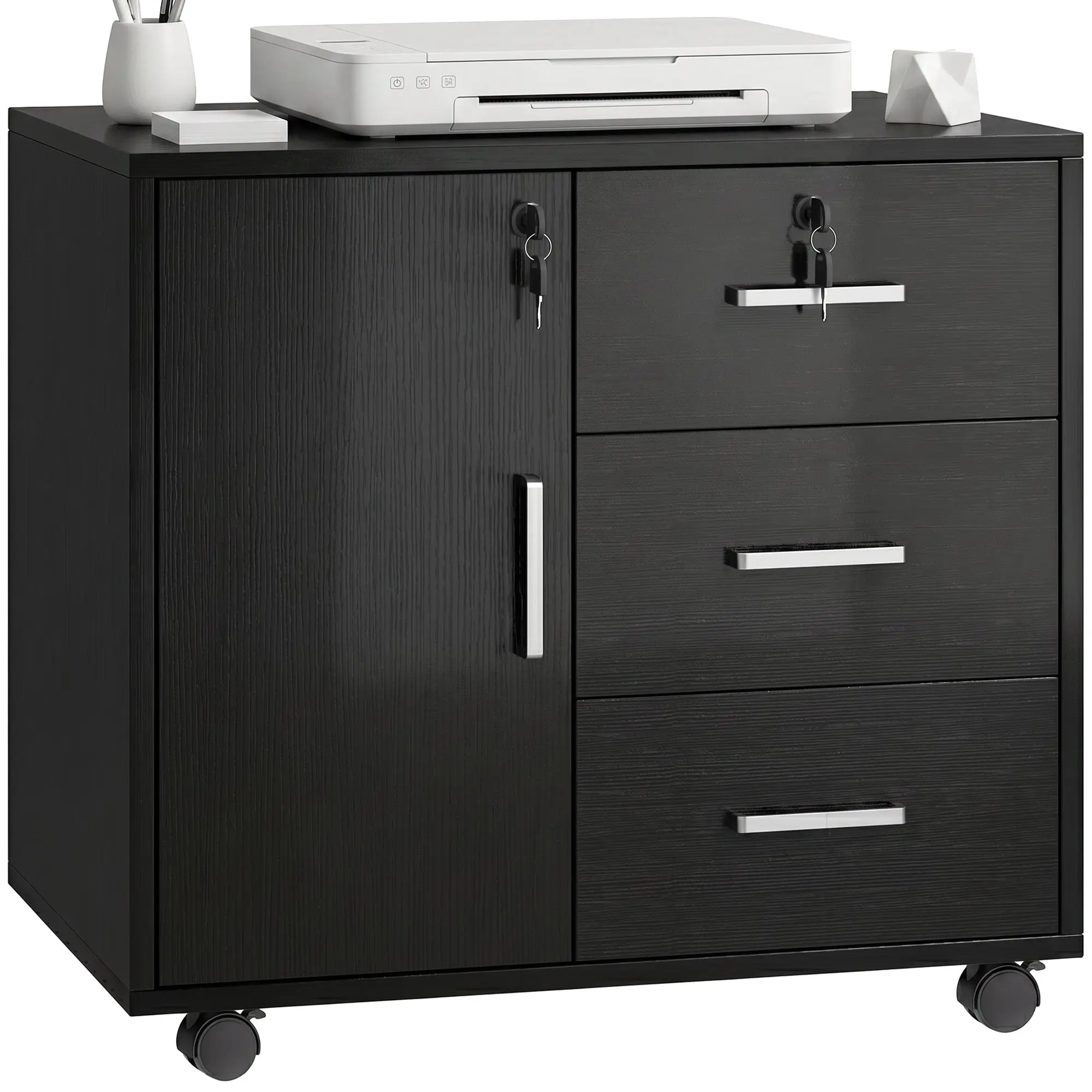 Printer Cabinet — 3 Lockable Drawers, Adjustable Shelf & Brake Casters, Multiuse Office File Cabinet, 23.6 x 15.7 x 22 in (60 x 40 x 56 cm), Black