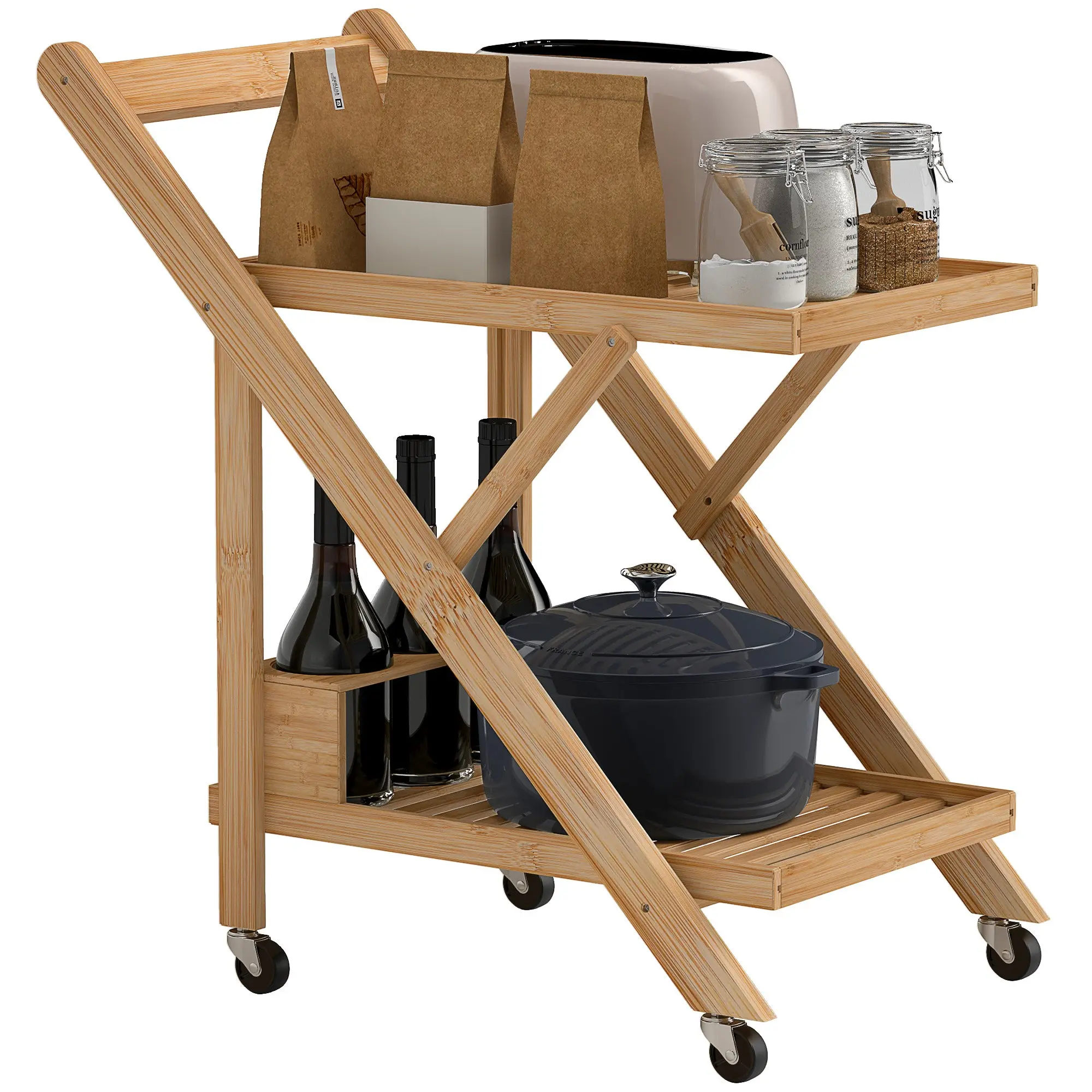 Kitchen Trolley Serving Trolley with 2 Levels, Trolley with Wine Rack, Worktop, Handle Kitchen Shelf on Wheels, Foldable Multifunction Trolley for Office, Kitchen, 66 x 40 x 70 cm, Bamboo, Natural