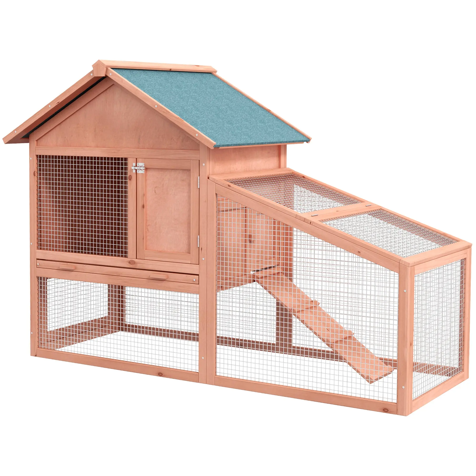 PawHut Wooden Rabbit Hutch with Outdoor Run, 2-Tier Rabbit Cage with Ramp, Removable Tray, Asphalt Roof, 144 x 64.5 x 100 cm, Natural Wood