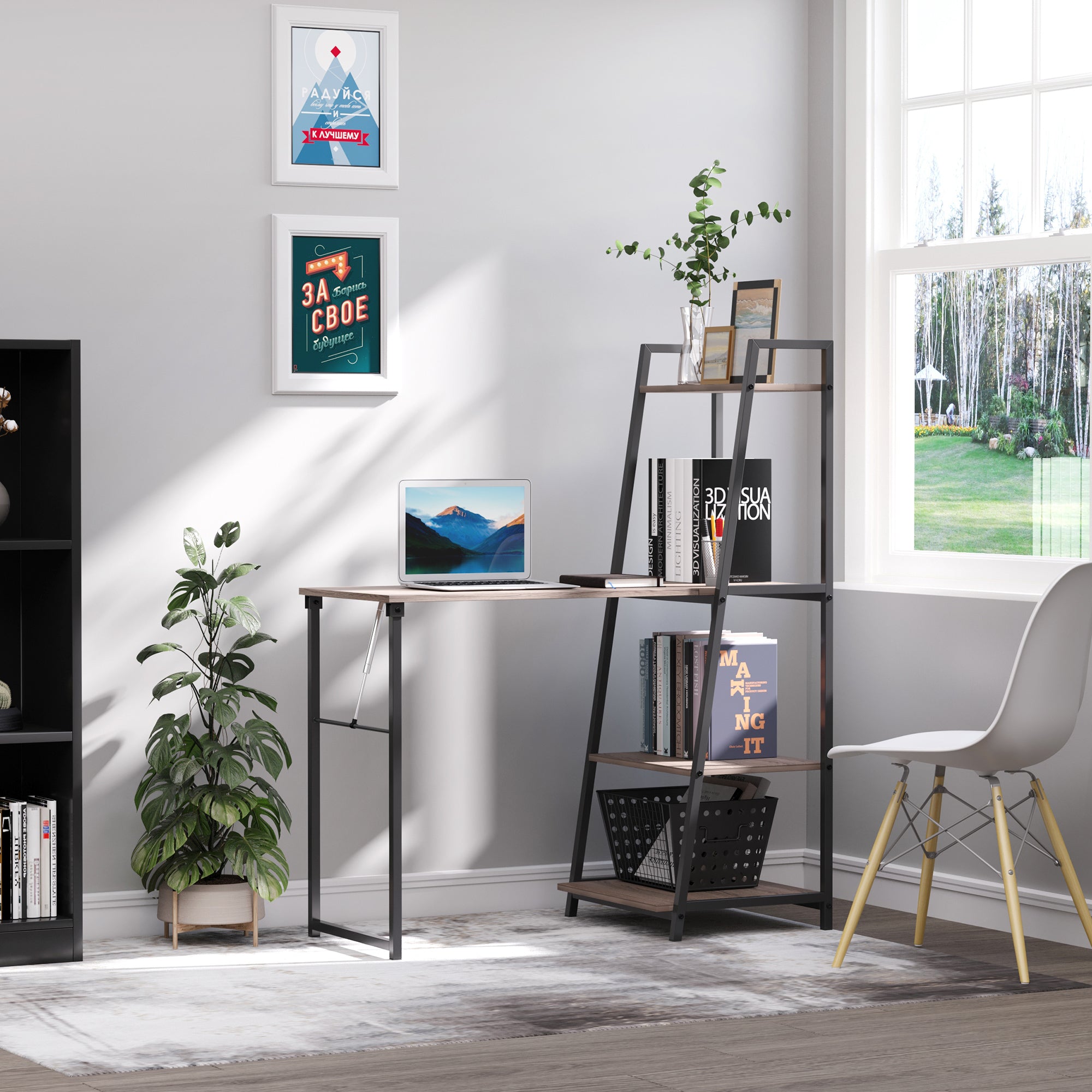 Foldable Folding Desk - 2-in-1 Bookshelf Desk-4 Shelves - Gray Wood Black Metal